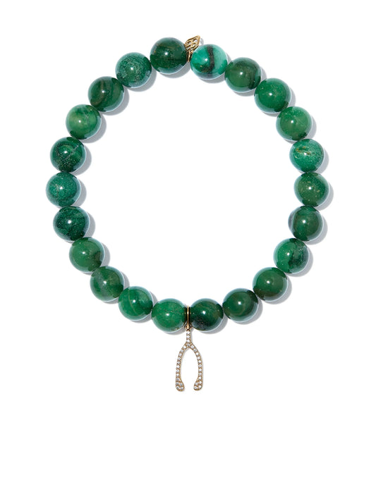 14kt yellow gold verdite diamond wishbone charm beaded bracelet