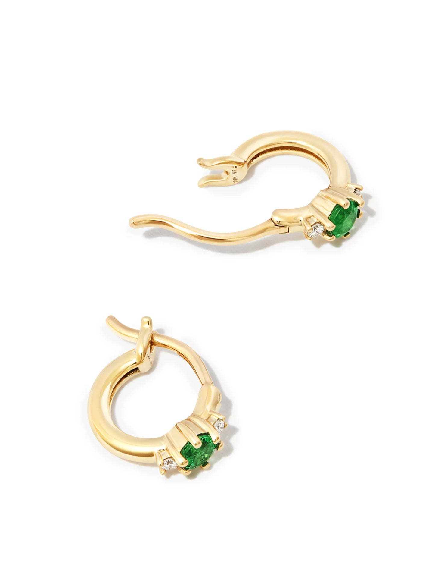 14kt yellow gold emerald diamond huggie hoop earrings