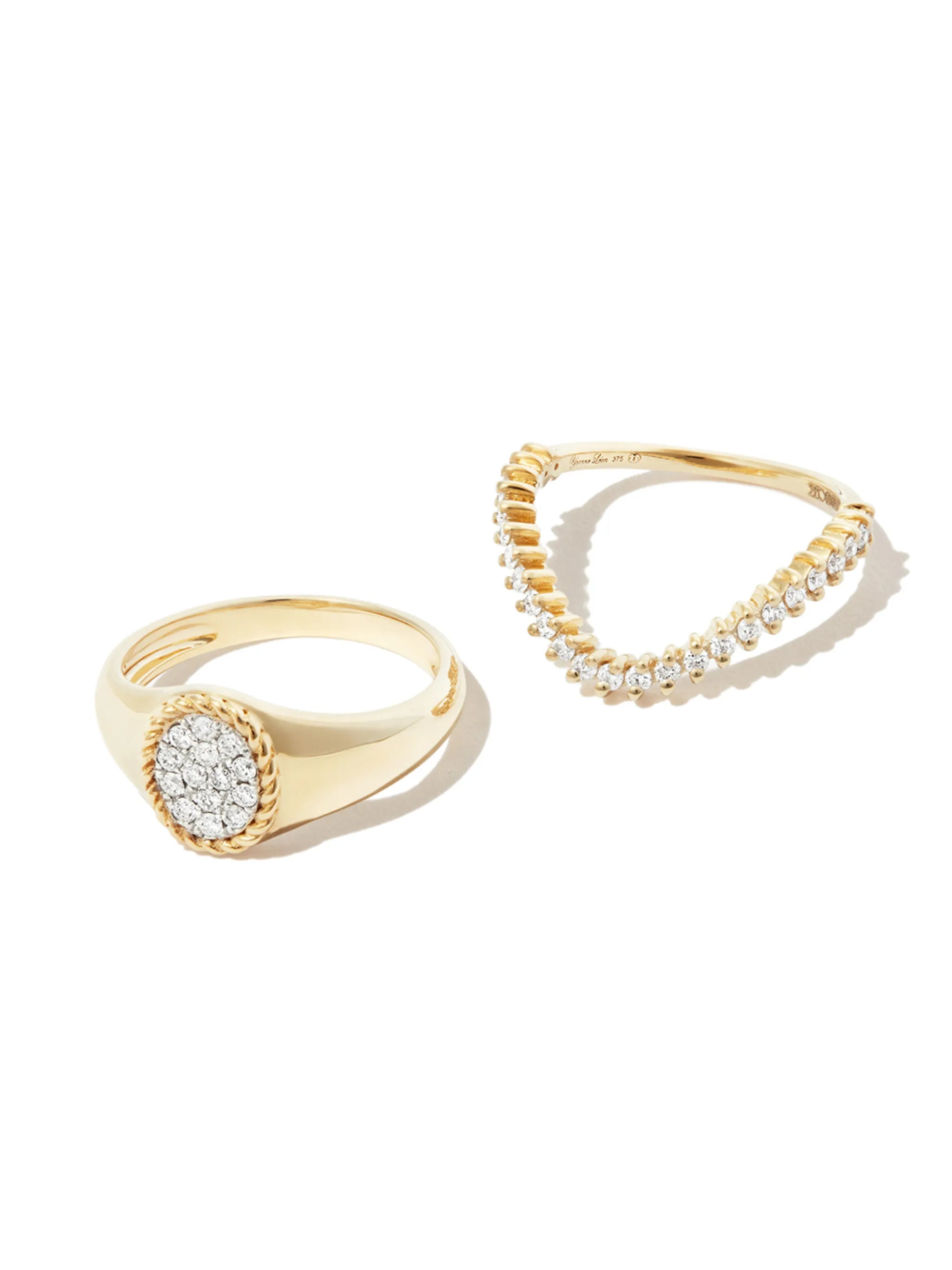 set of two 9kt yellow gold diamond signet rings