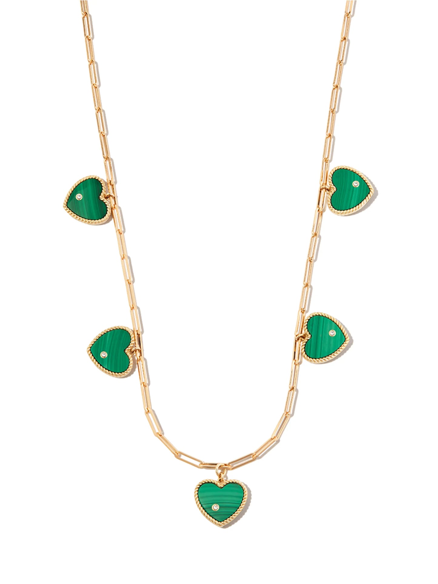 9kt and 18kt yellow gold malachite five heart pendant necklace