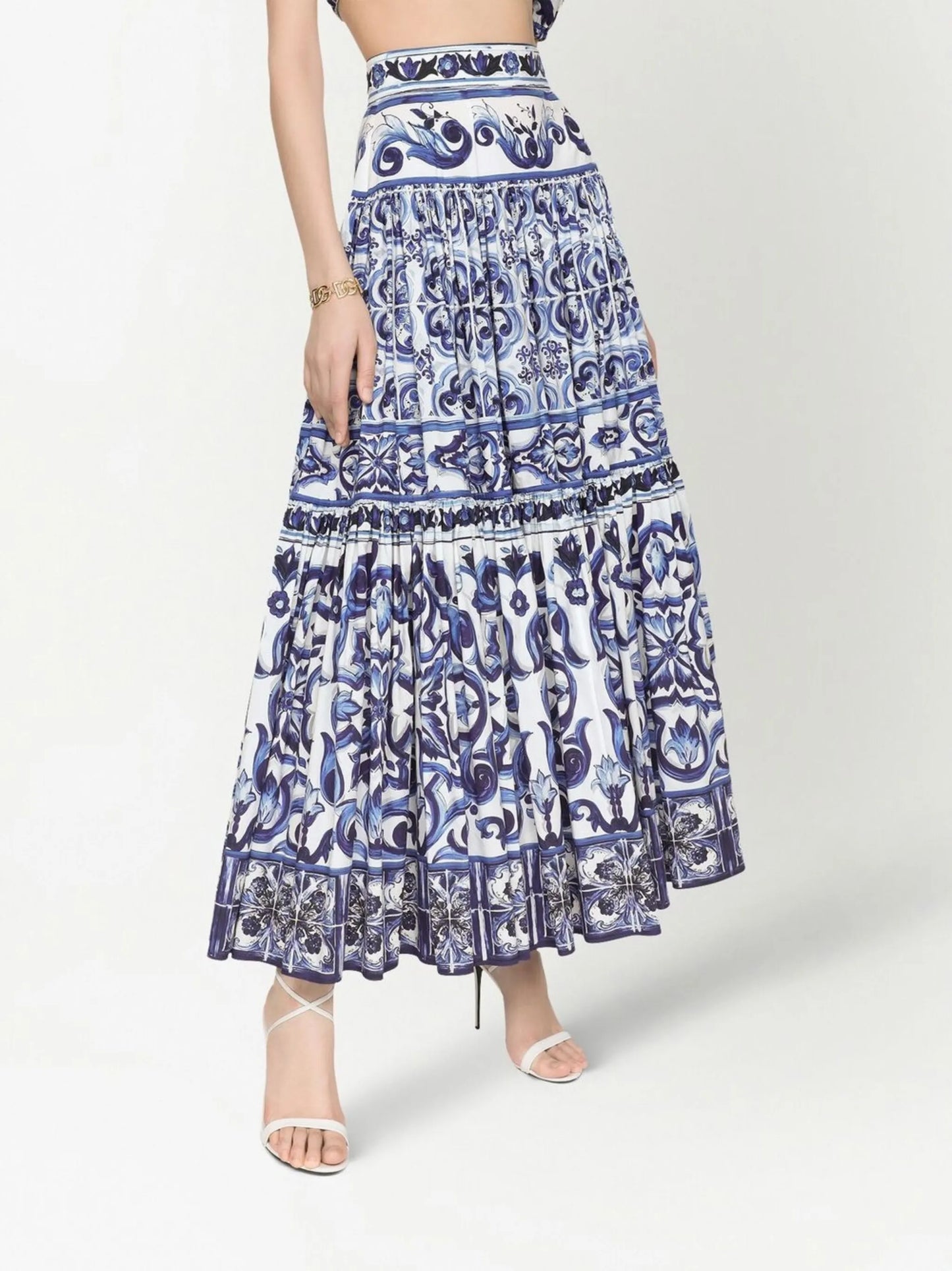 Majolica-print pleated maxi skirt
