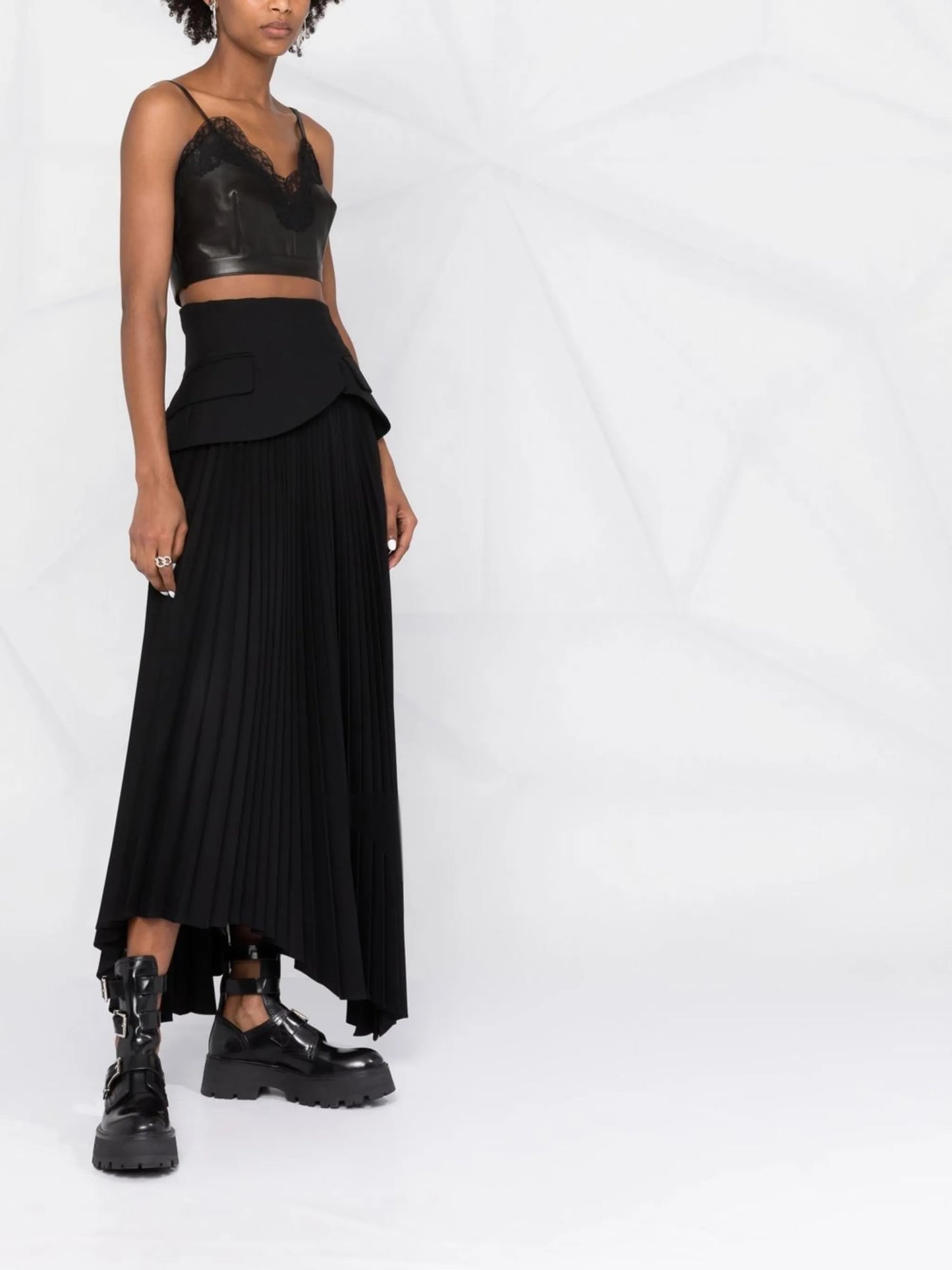 cropped lace-trim leather top