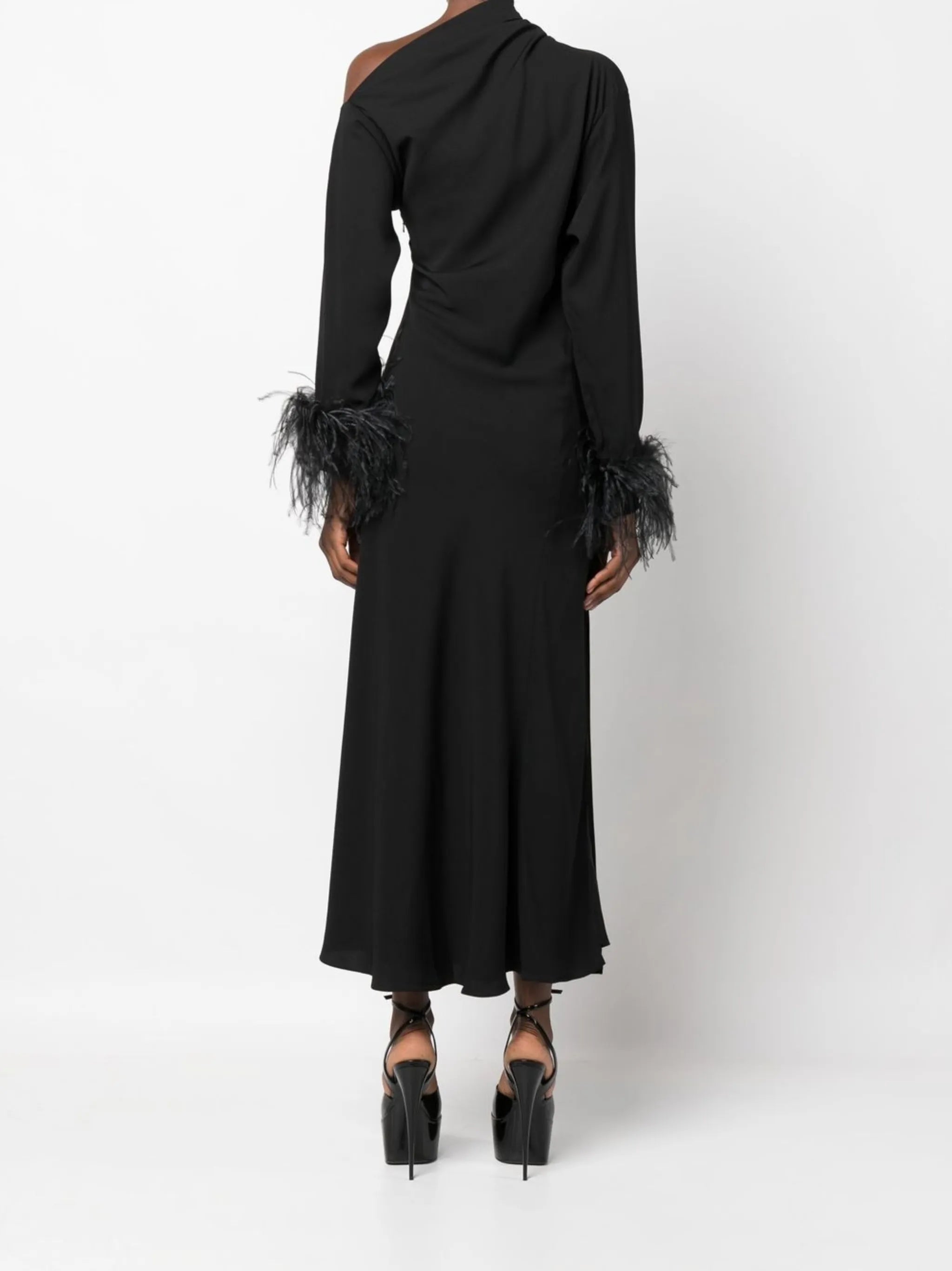 feather-trim one-shoulder dress