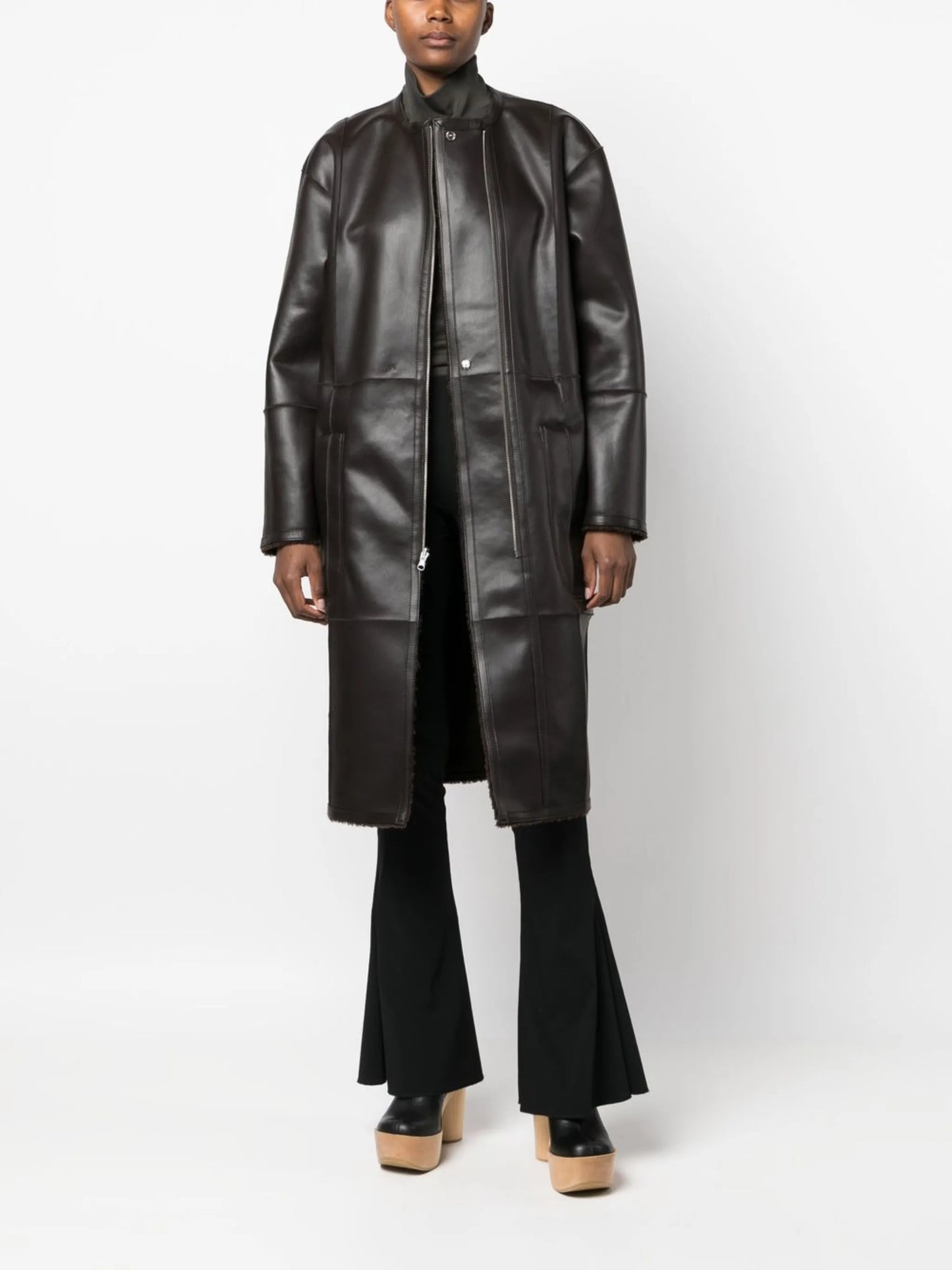 faux-leather zip-up coat