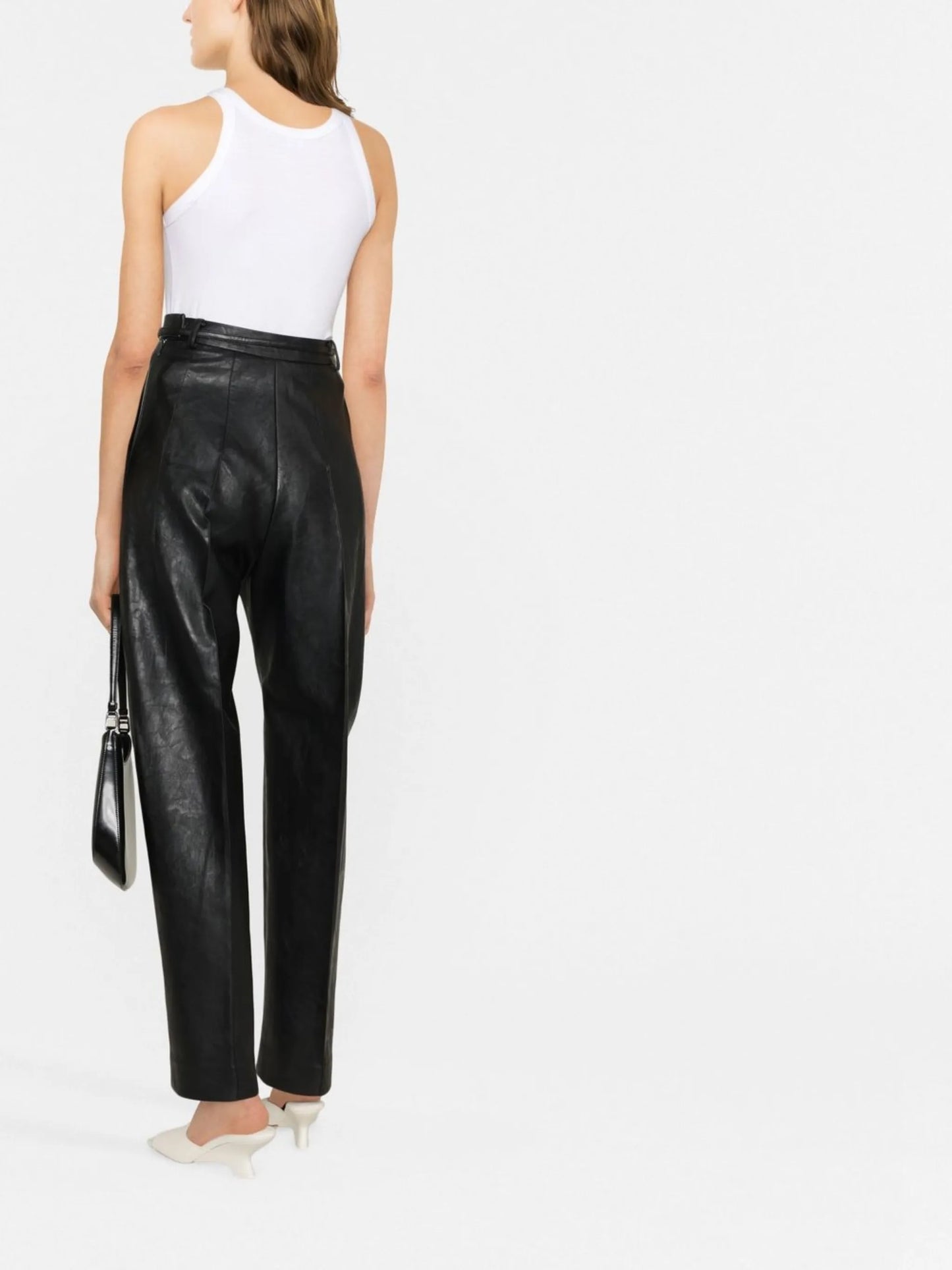 belted faux leather tapered trousers