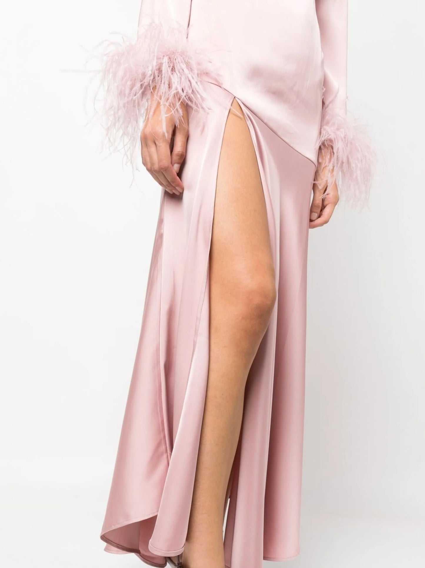 feather-trim long-sleeve dress