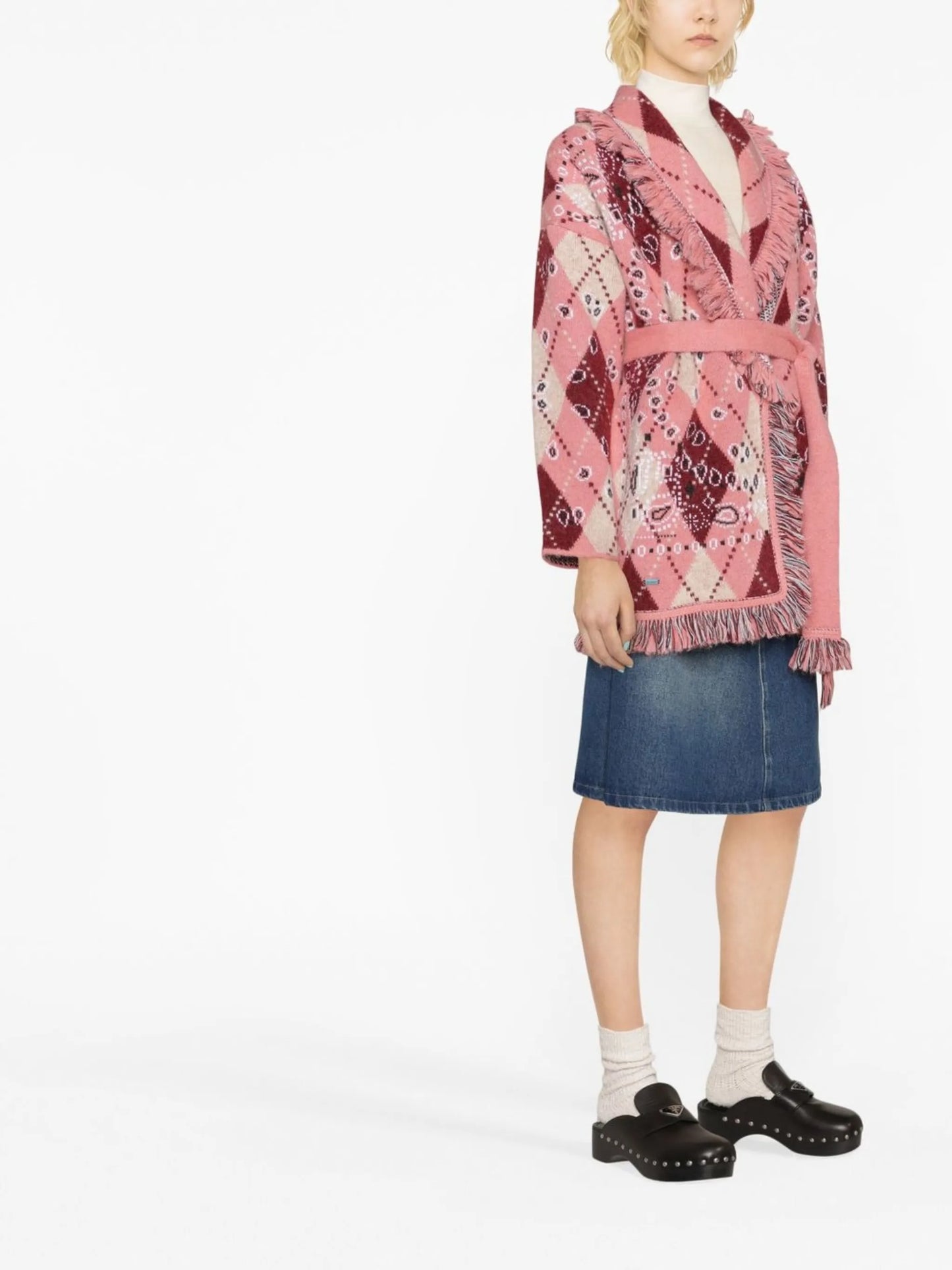 argyle-print tie-waist cardigan