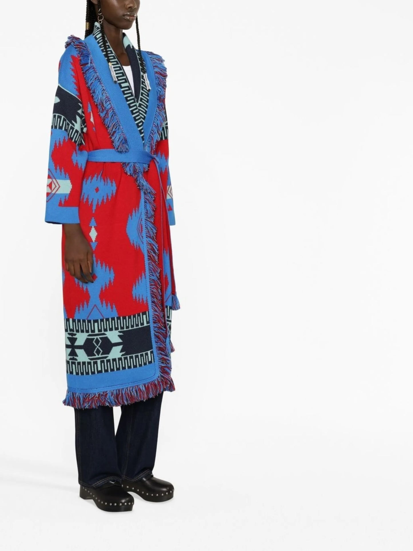 intarsia-knit belted-waist coat