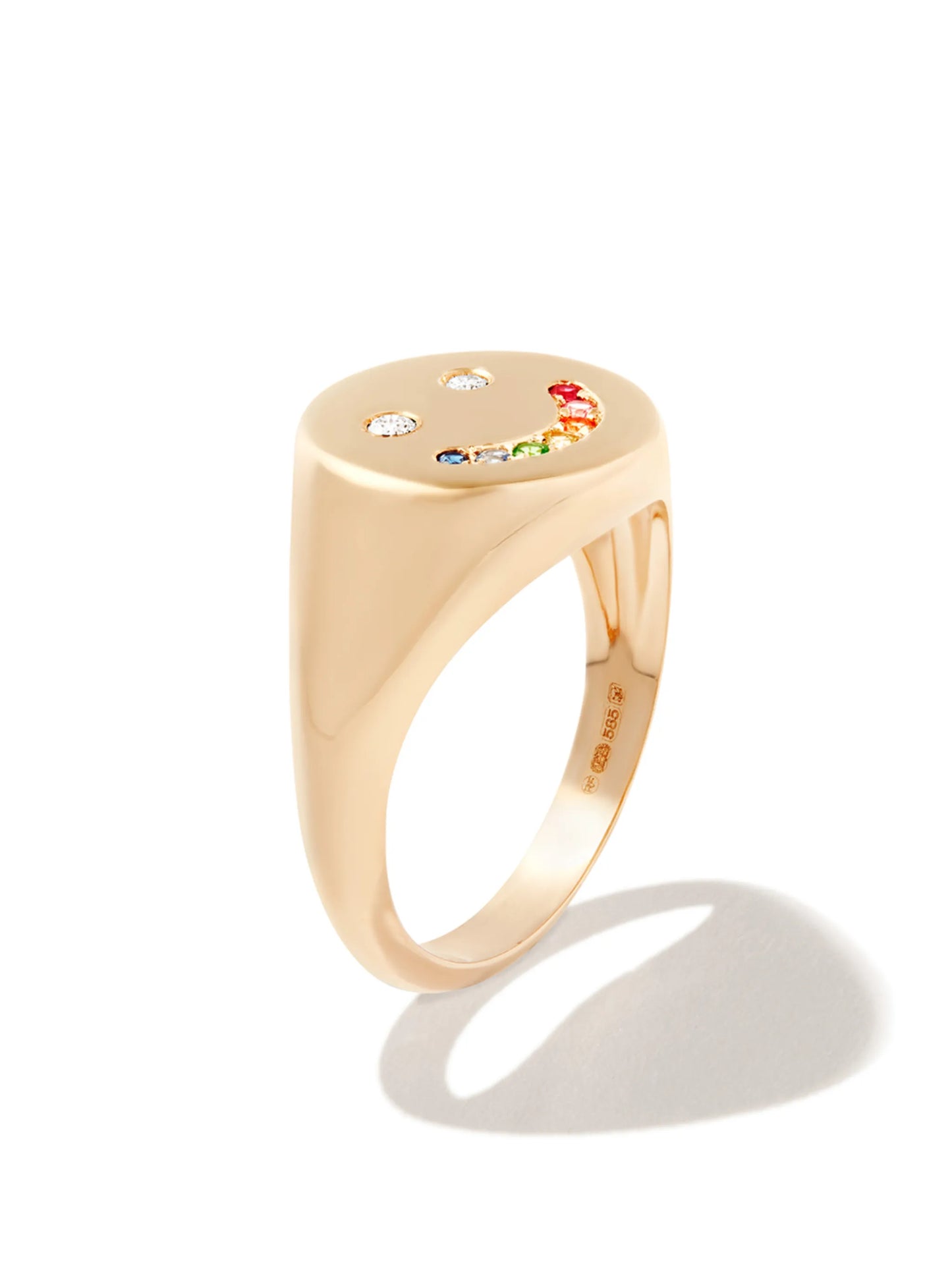 14kt yellow gold Smiley diamond and sapphire signet ring