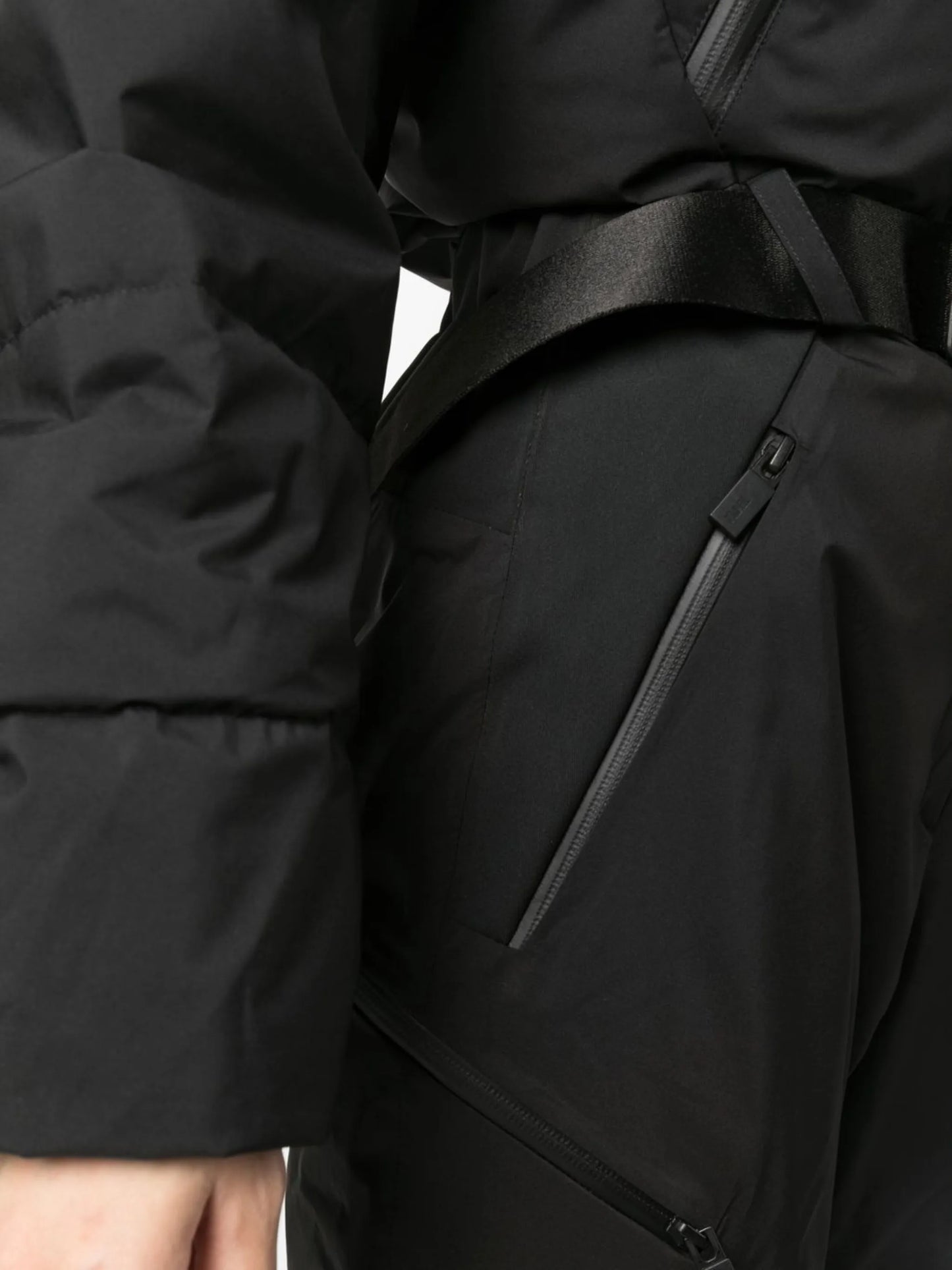 belted-waist goose-down ski suit