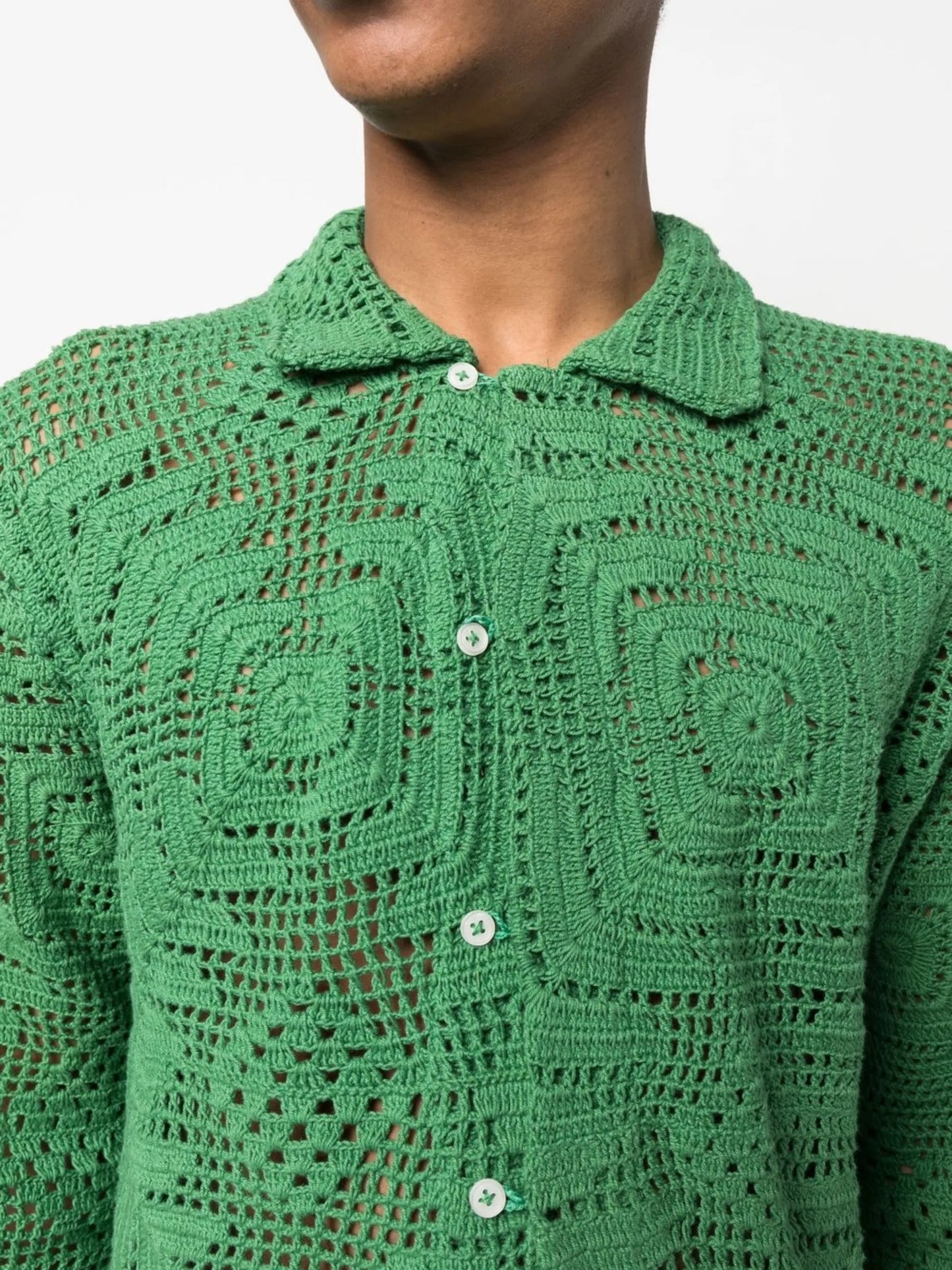 long-sleeved crochet-knit shirt