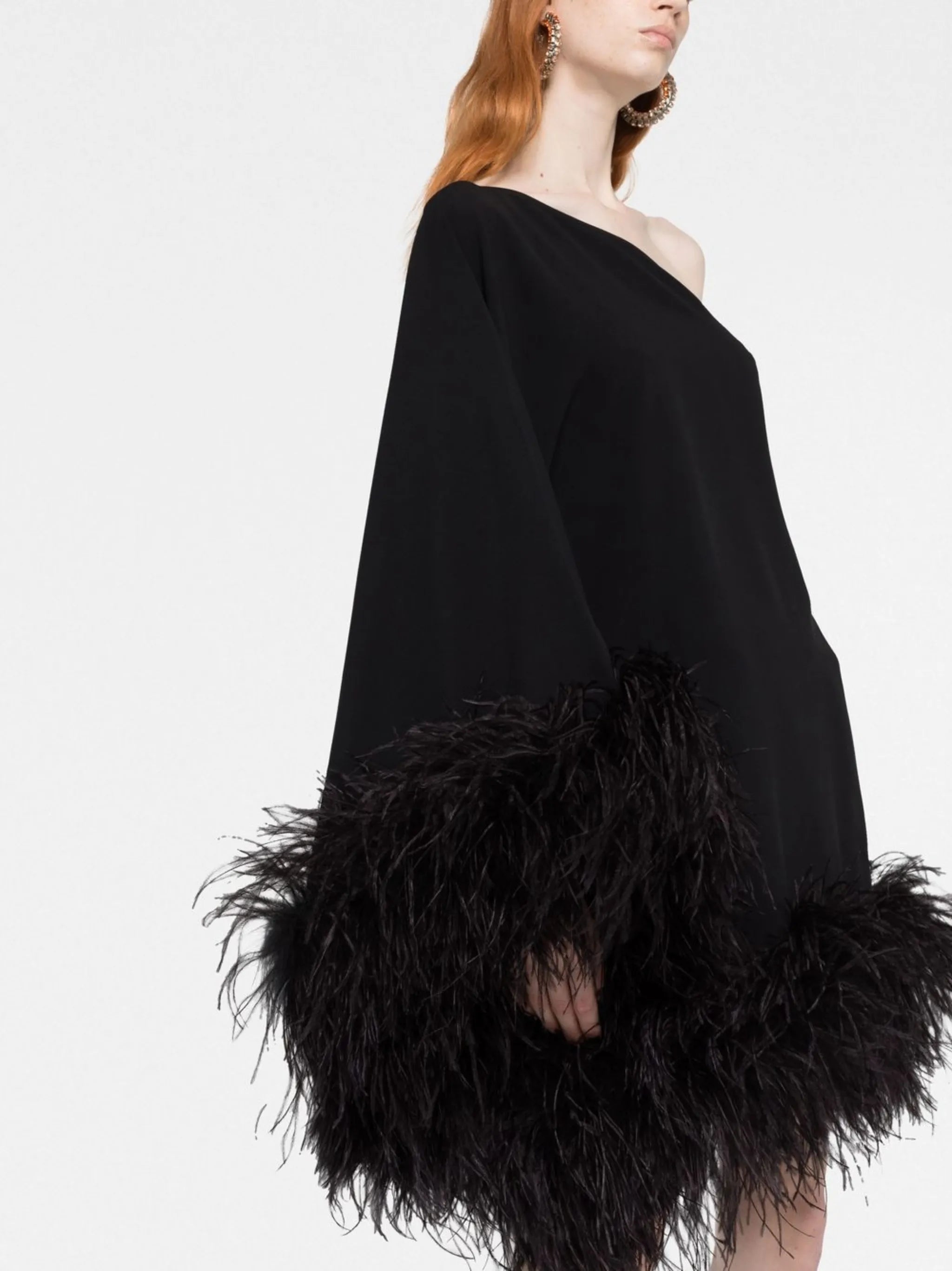 Piccolo Ubud feather-trim one-shoulder dress