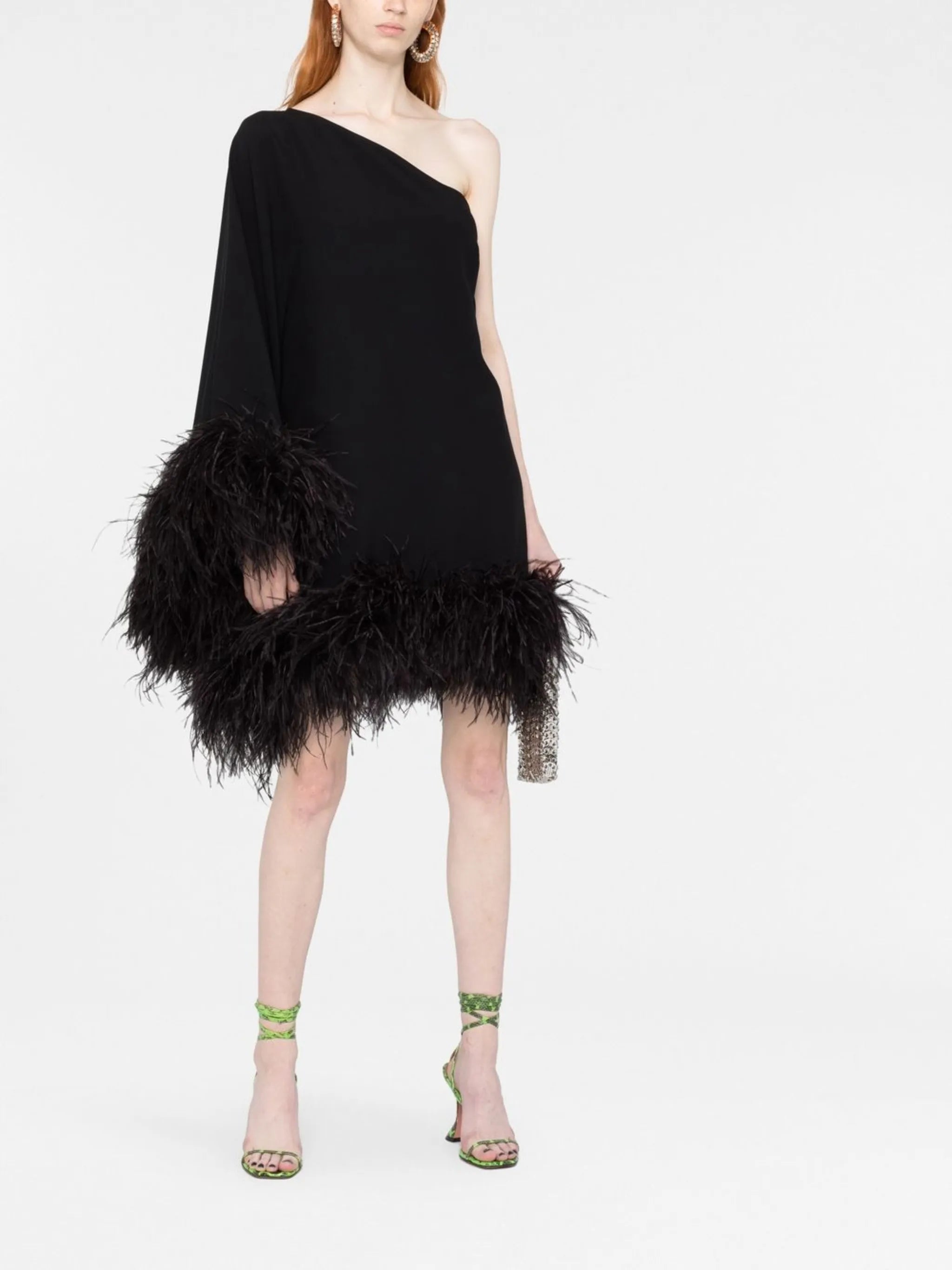 Piccolo Ubud feather-trim one-shoulder dress