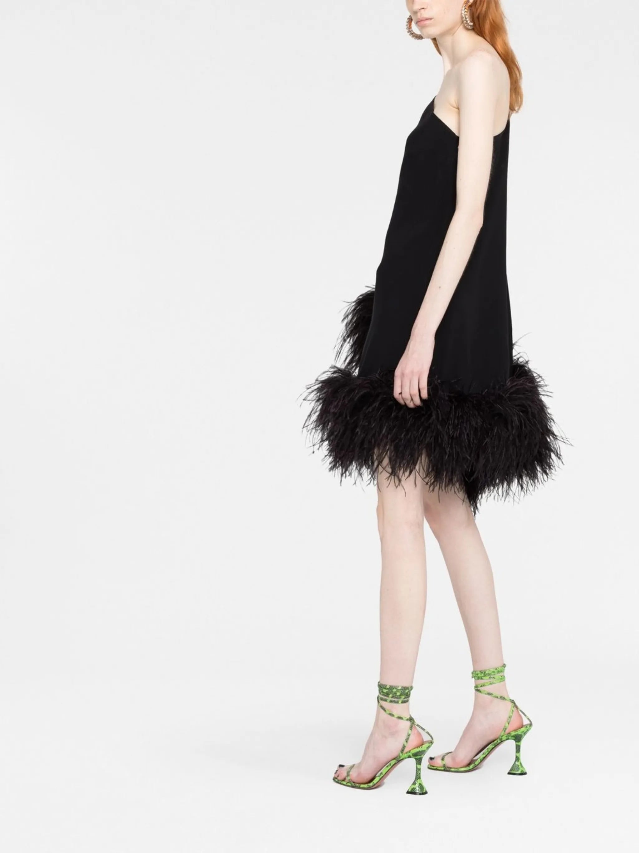 Piccolo Ubud feather-trim one-shoulder dress