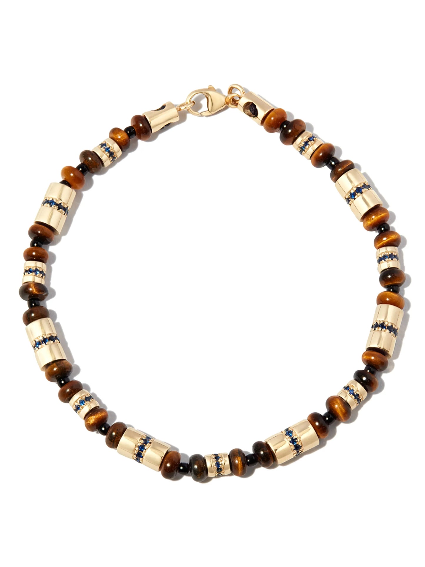 14kt yellow gold beaded sapphire and tigers eye bracelet