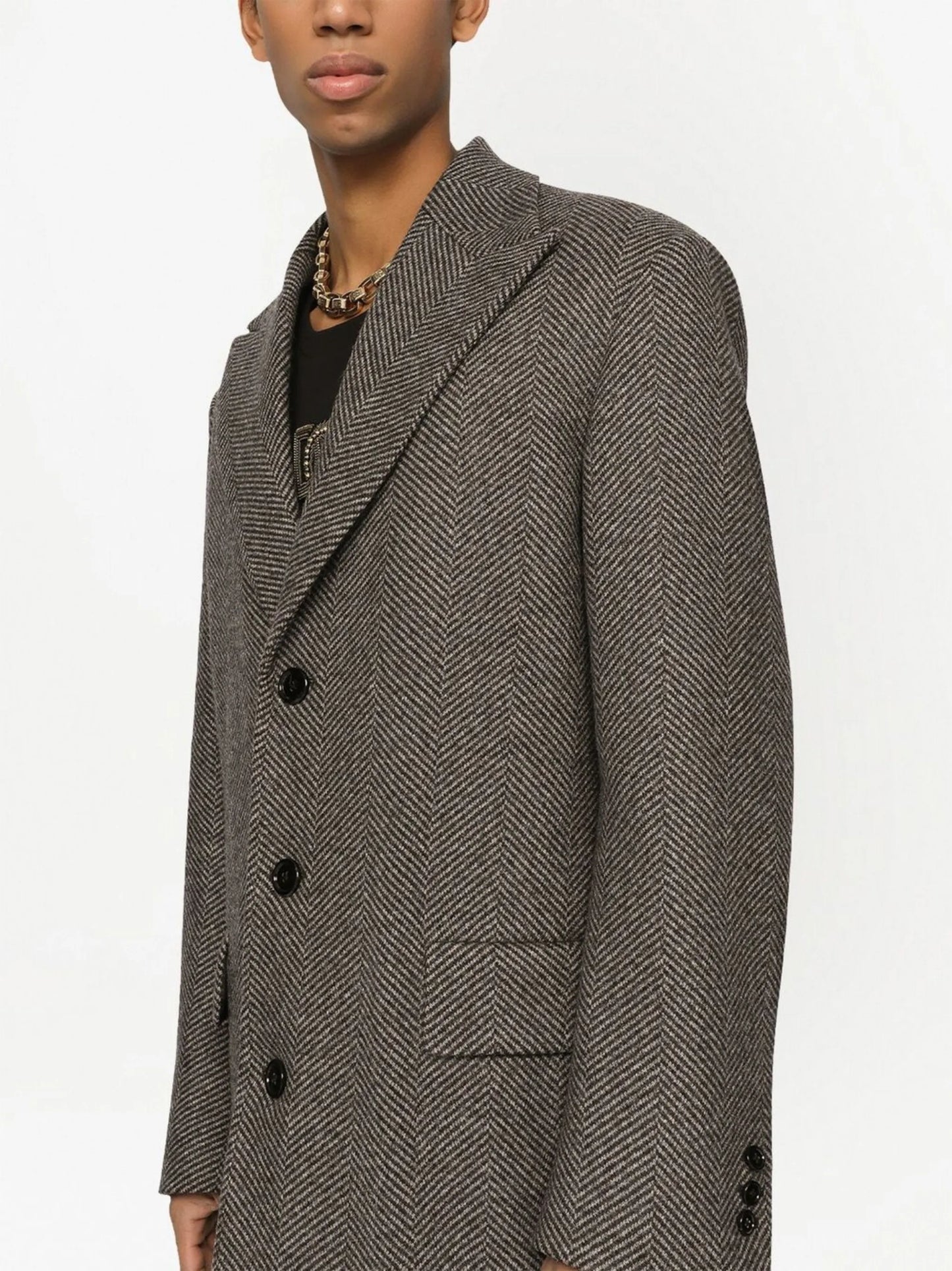 herringbone-pattern single-breasted coat