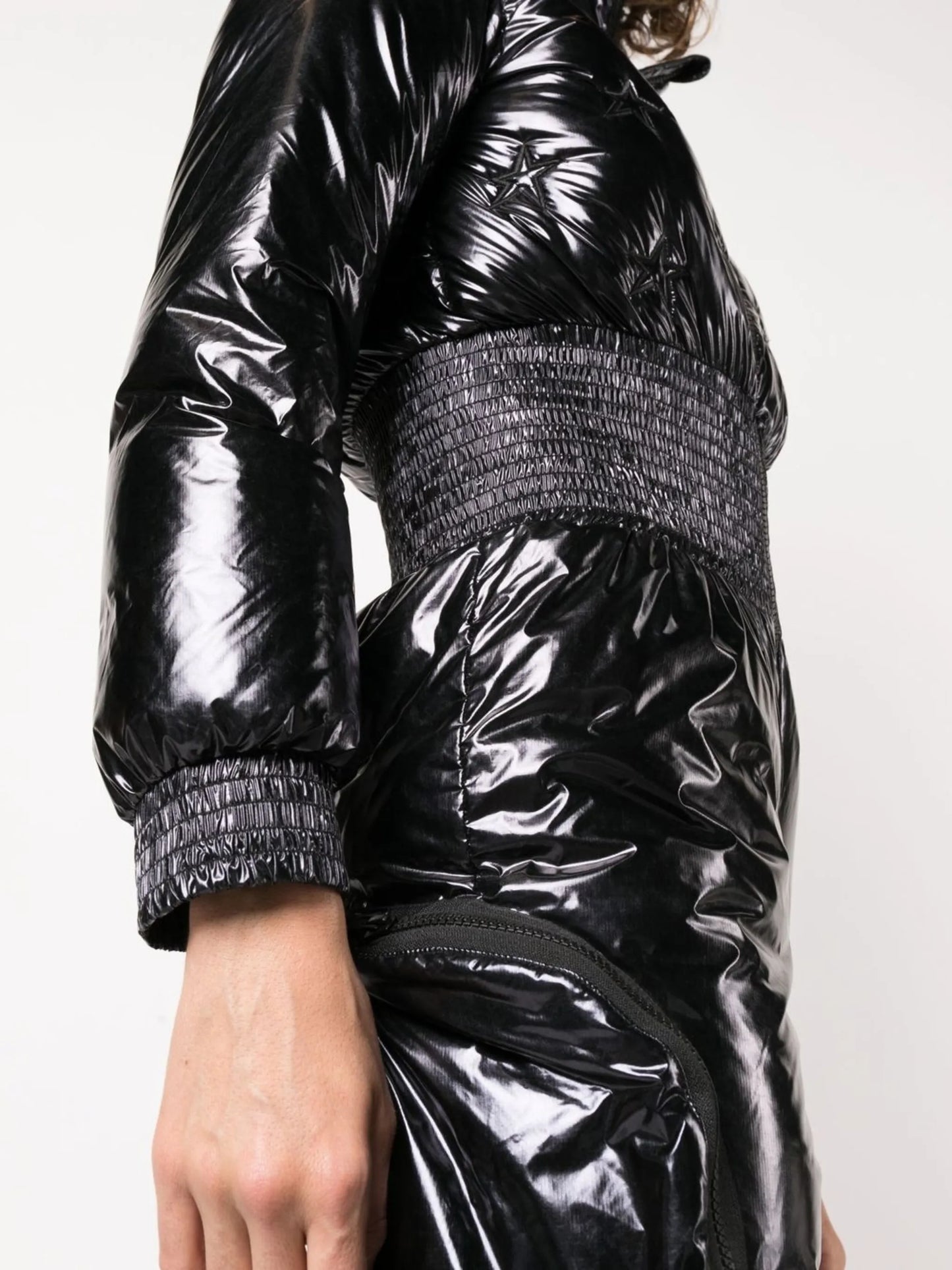 high-shine zip-up ruched ski jumpsuit
