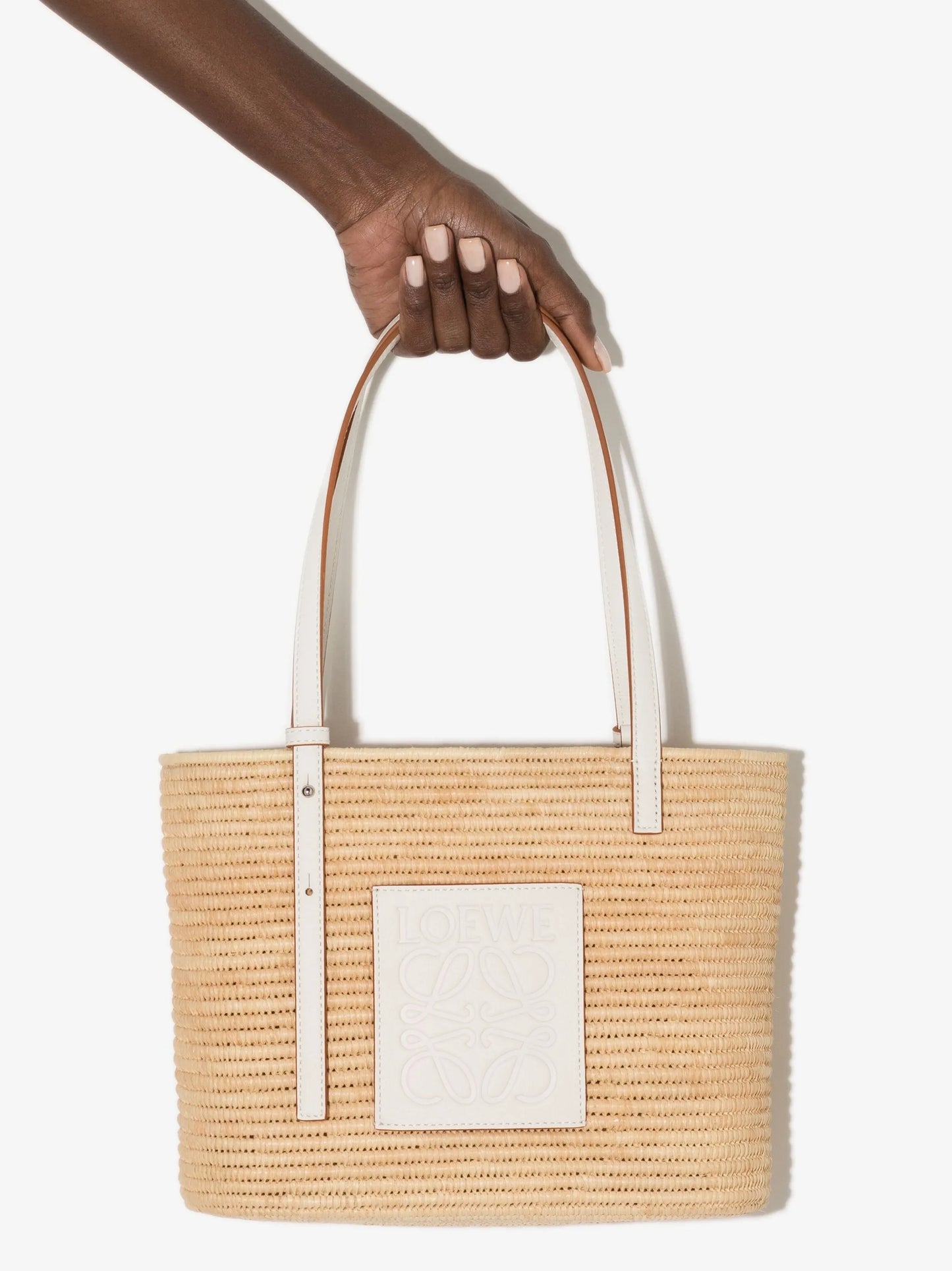 Anagram-patch raffia tote bag