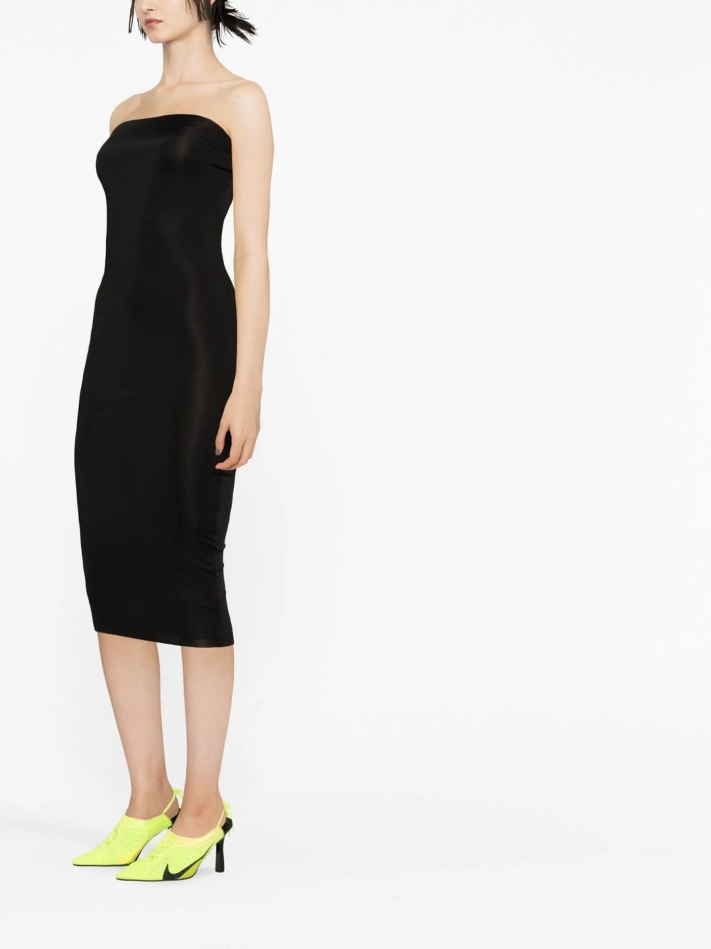 strapless mesh midi dress