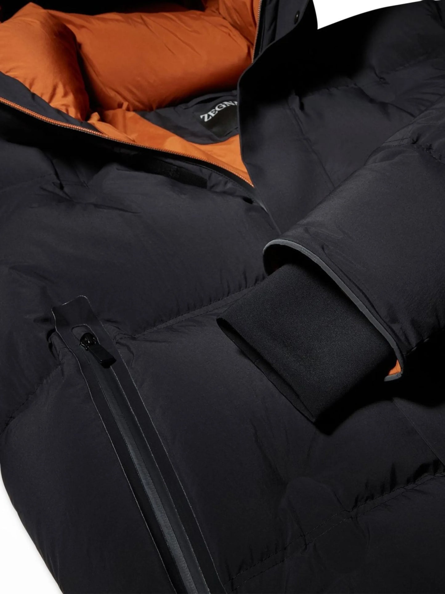 down-filled laminated hooded jacket