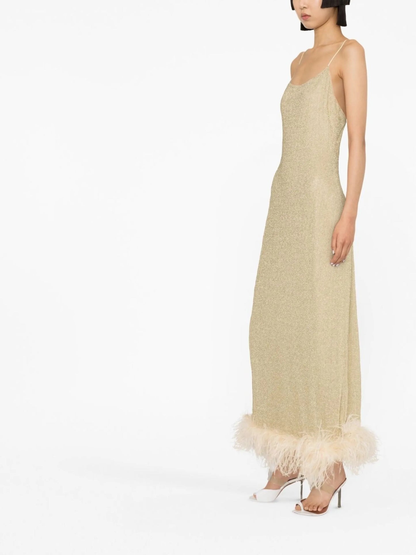 feather-trimmed metallic slip dress