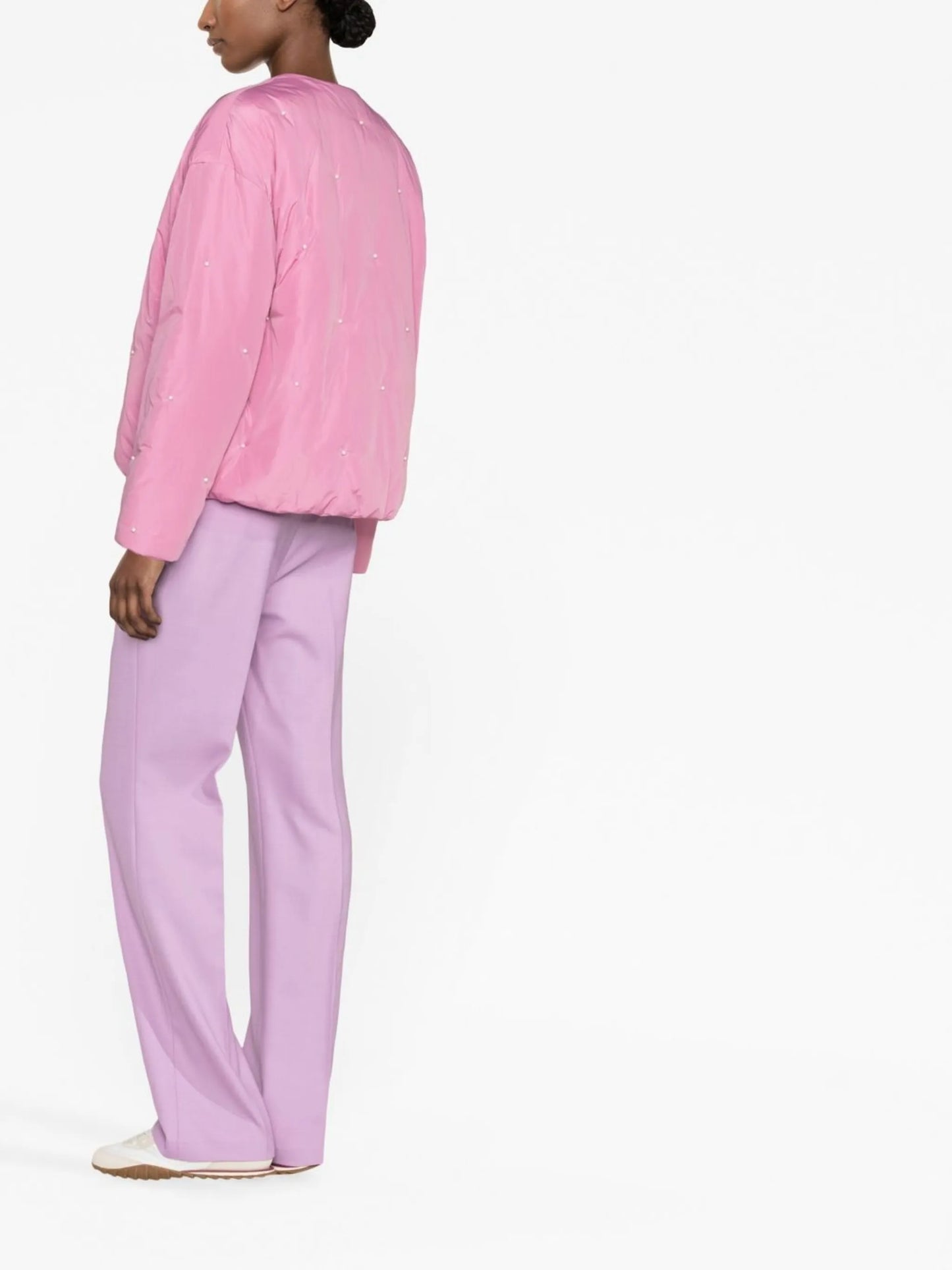 faux pearl-embellished puffer jacket