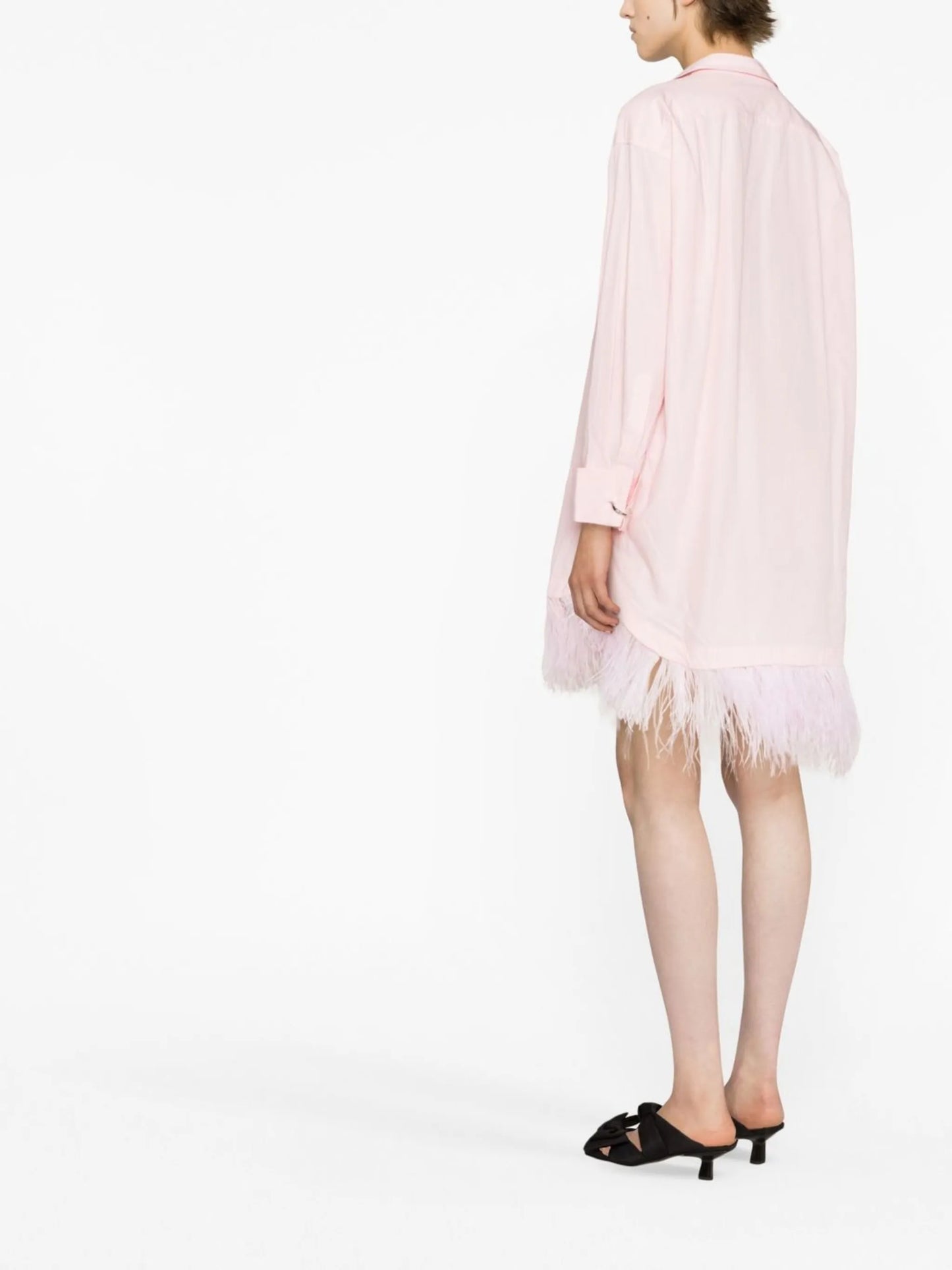 feather-trim long-sleeve shirtdress