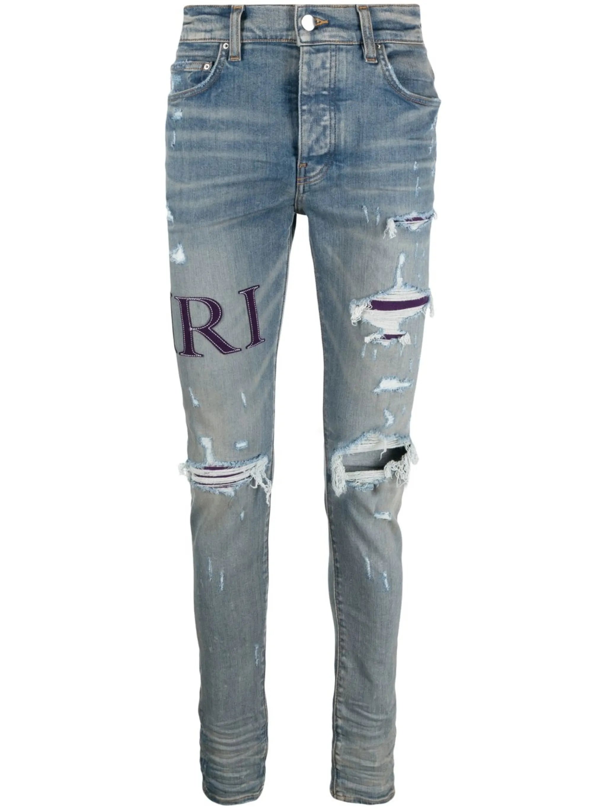 ripped-knee logo-print skinny jeans