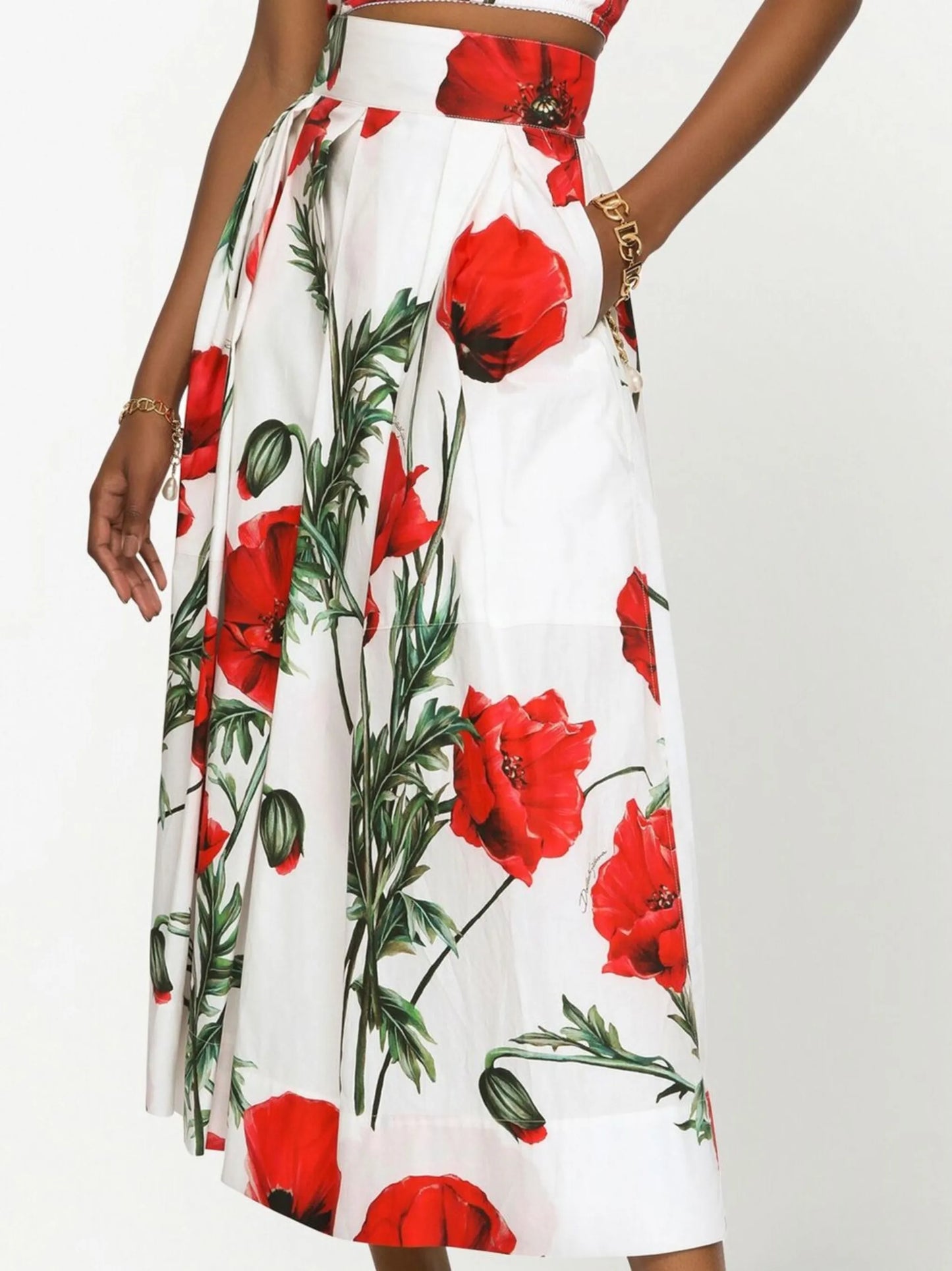 poppy-print high-waisted skirt