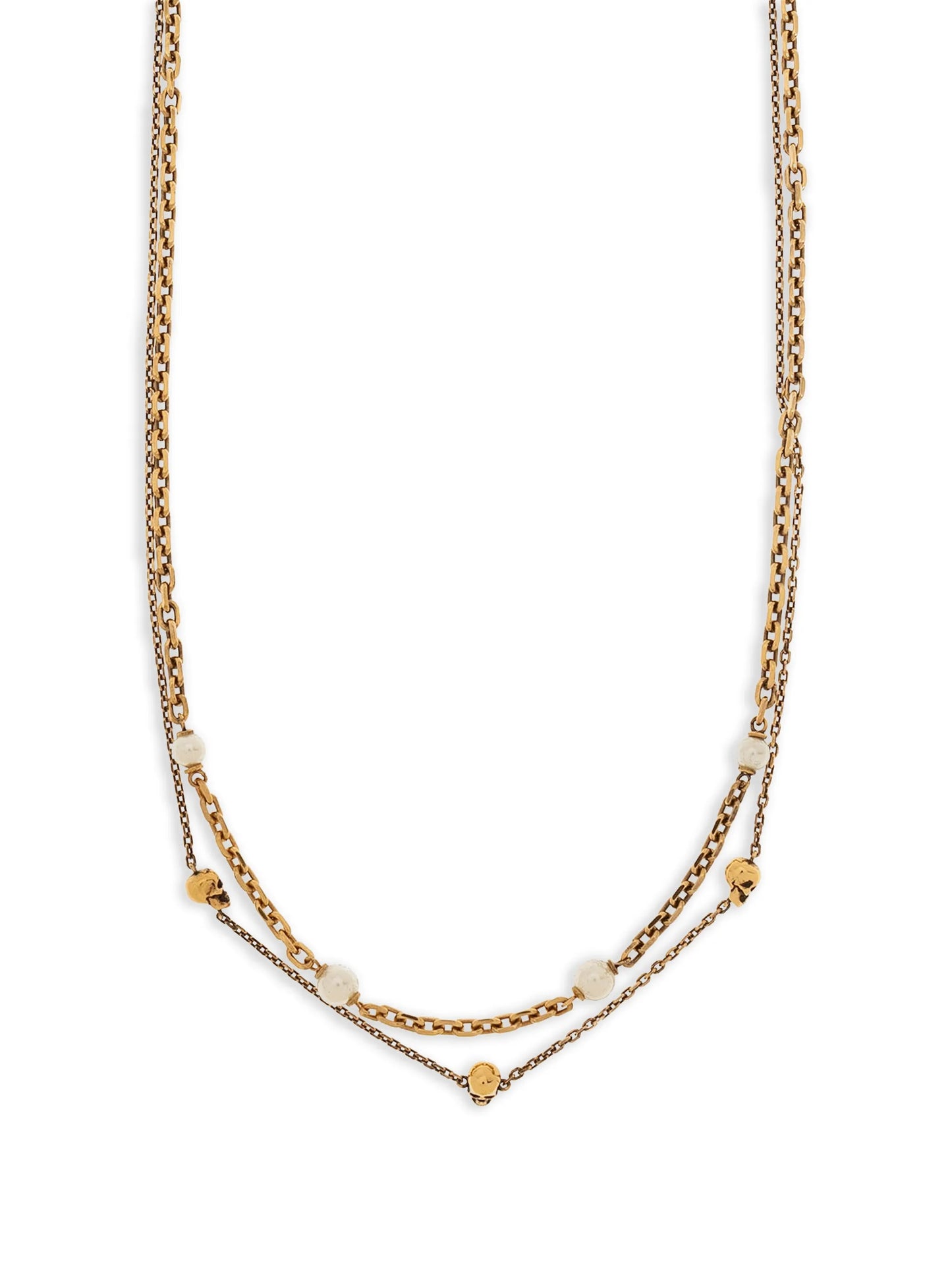 skull and pearl charm layered necklace