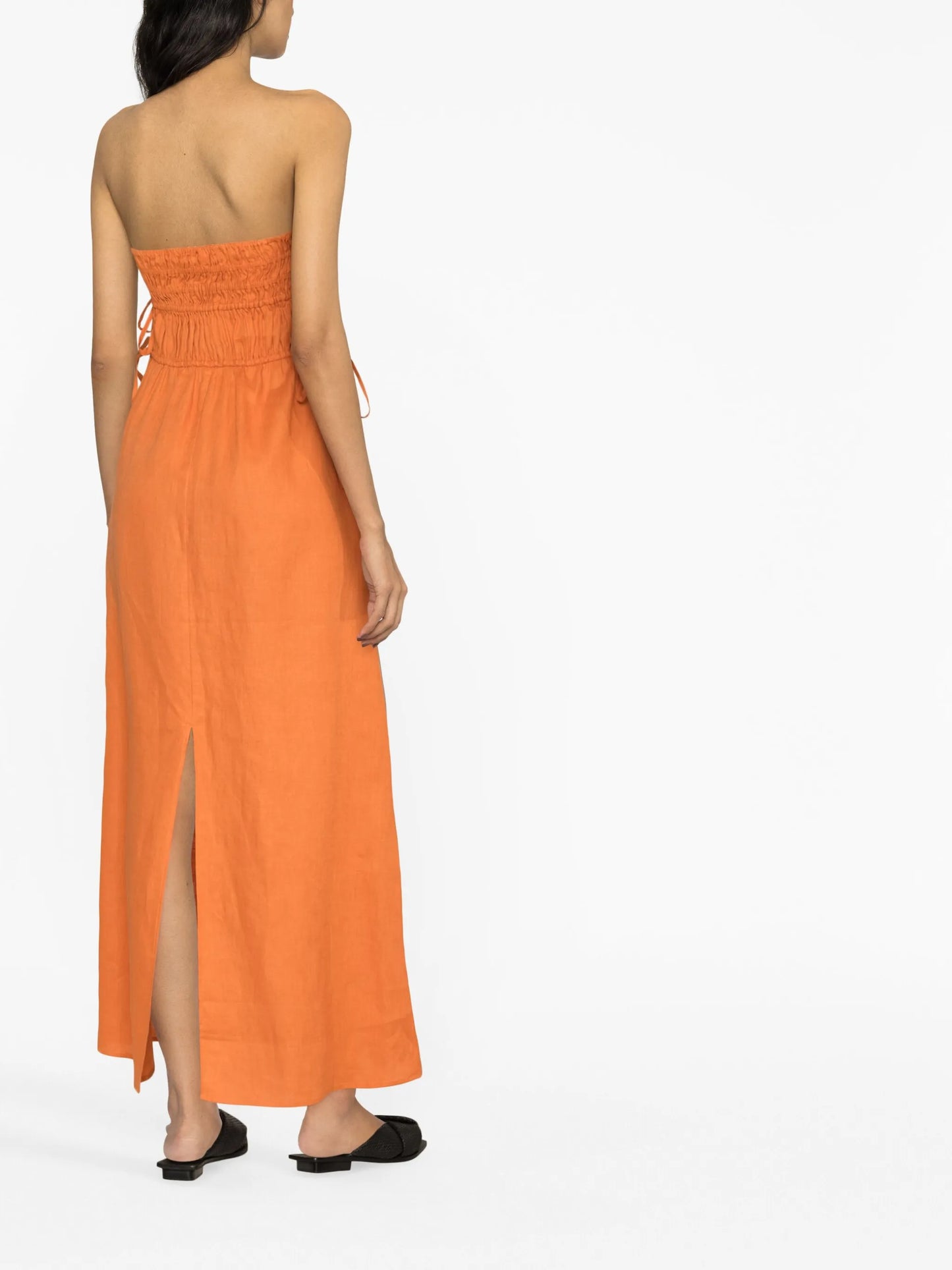 strapless ruched linen dress