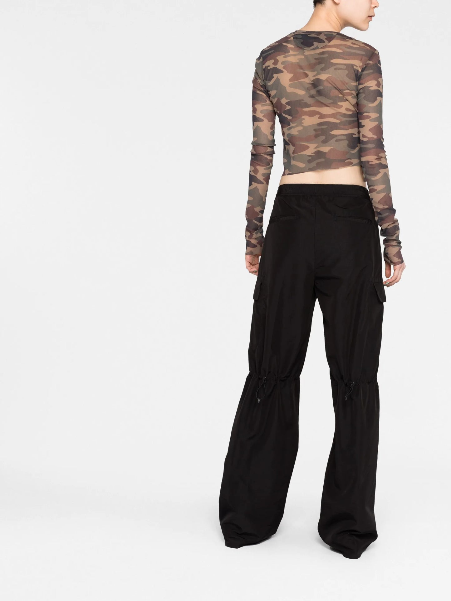 camouflage-print semi-sheer top