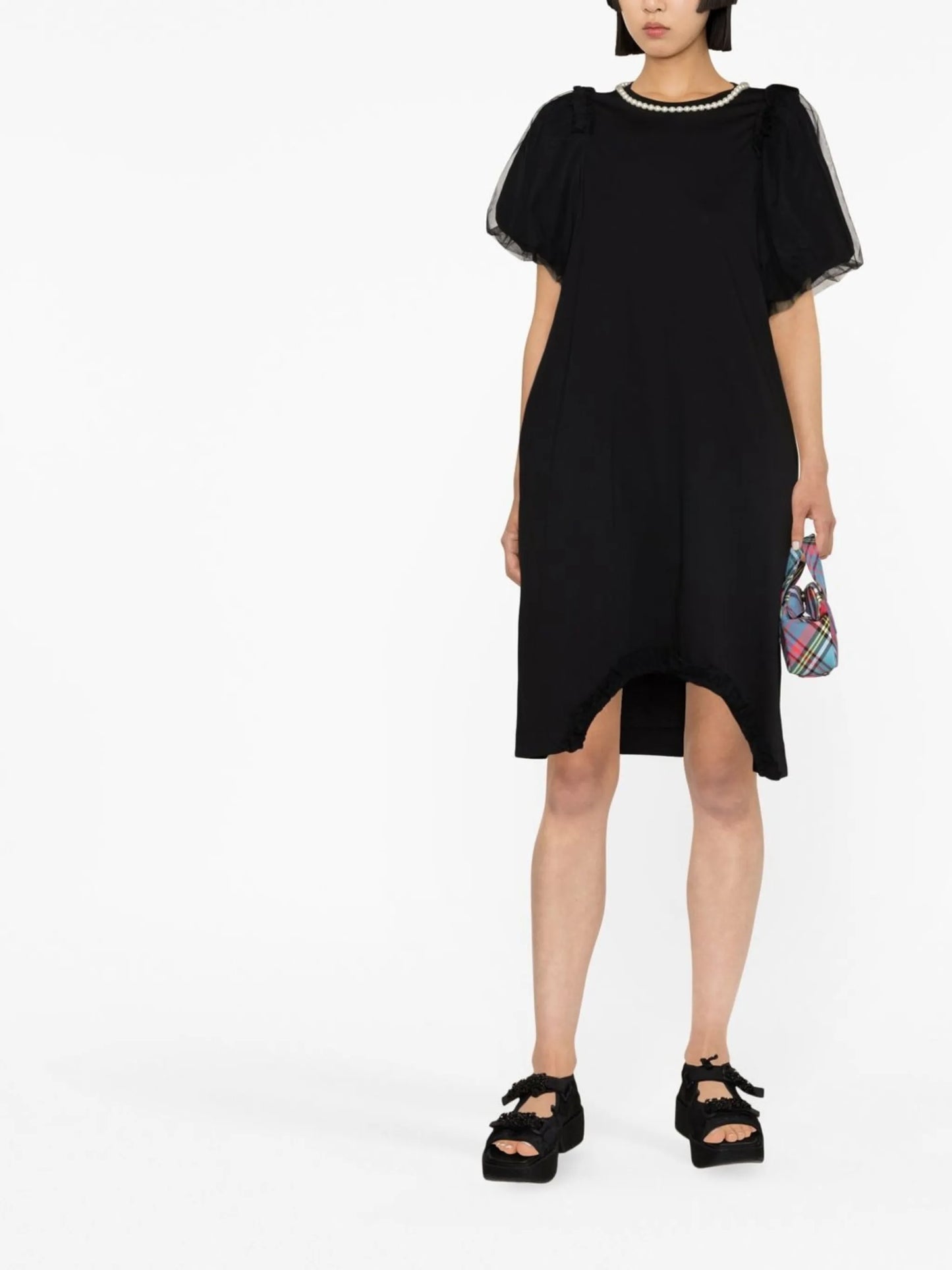 tulle-sleeves pearl-embellished T-shirt dress