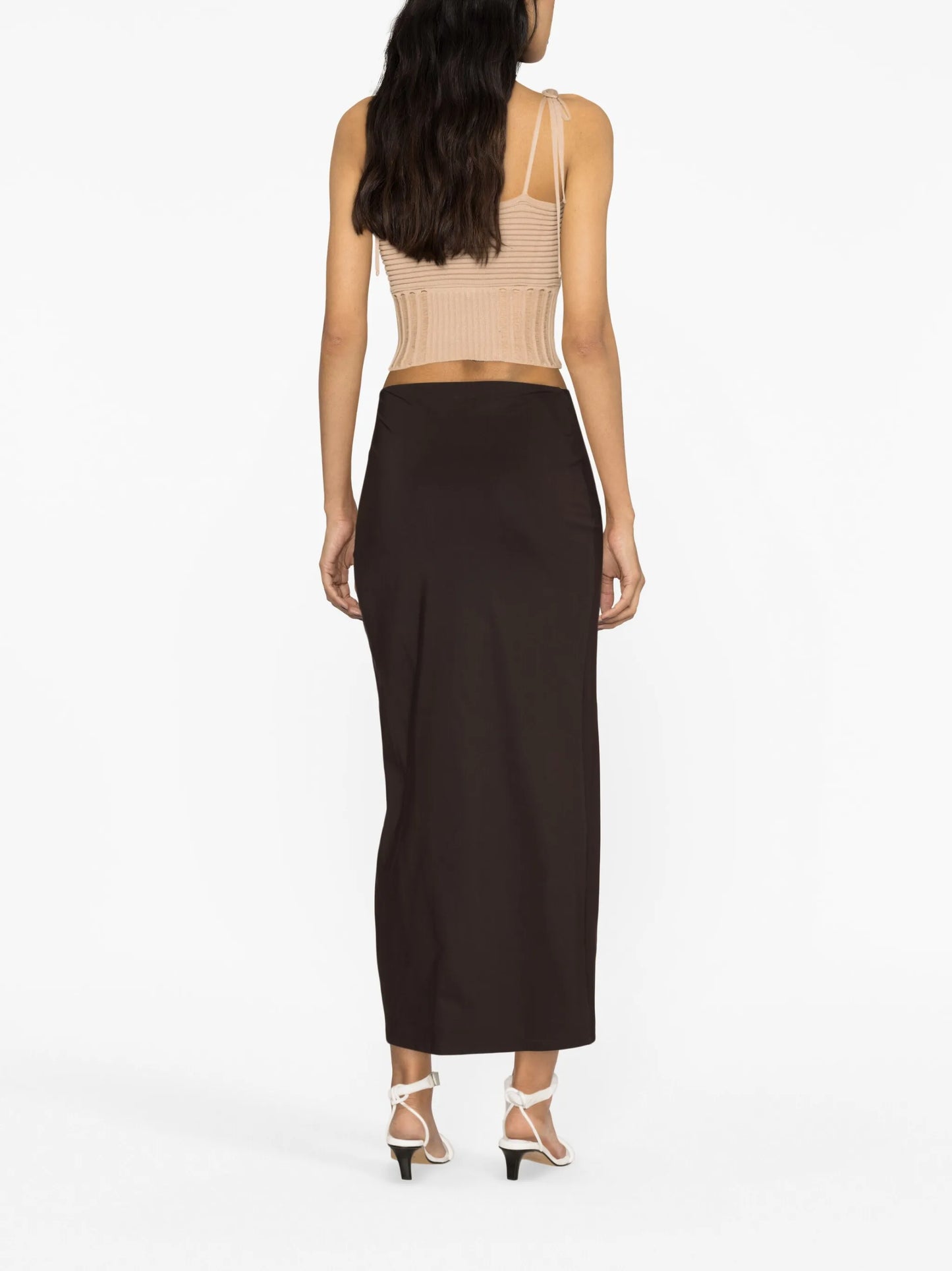 low-rise ruched midi skirt