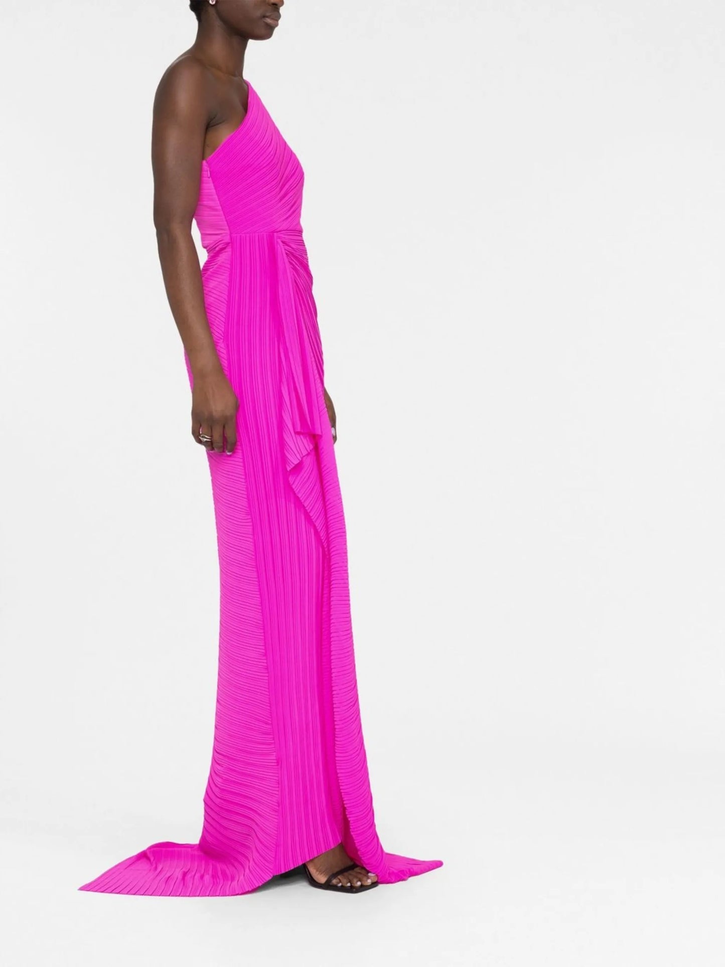 draped one-shoulder gown