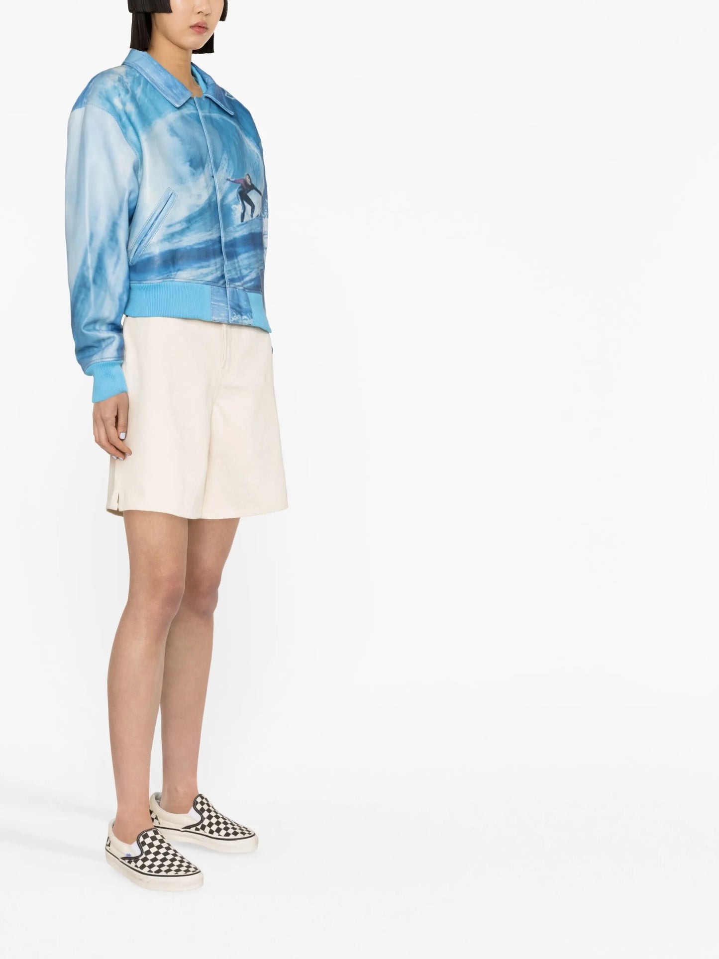 graphic-print leather bomber jacket