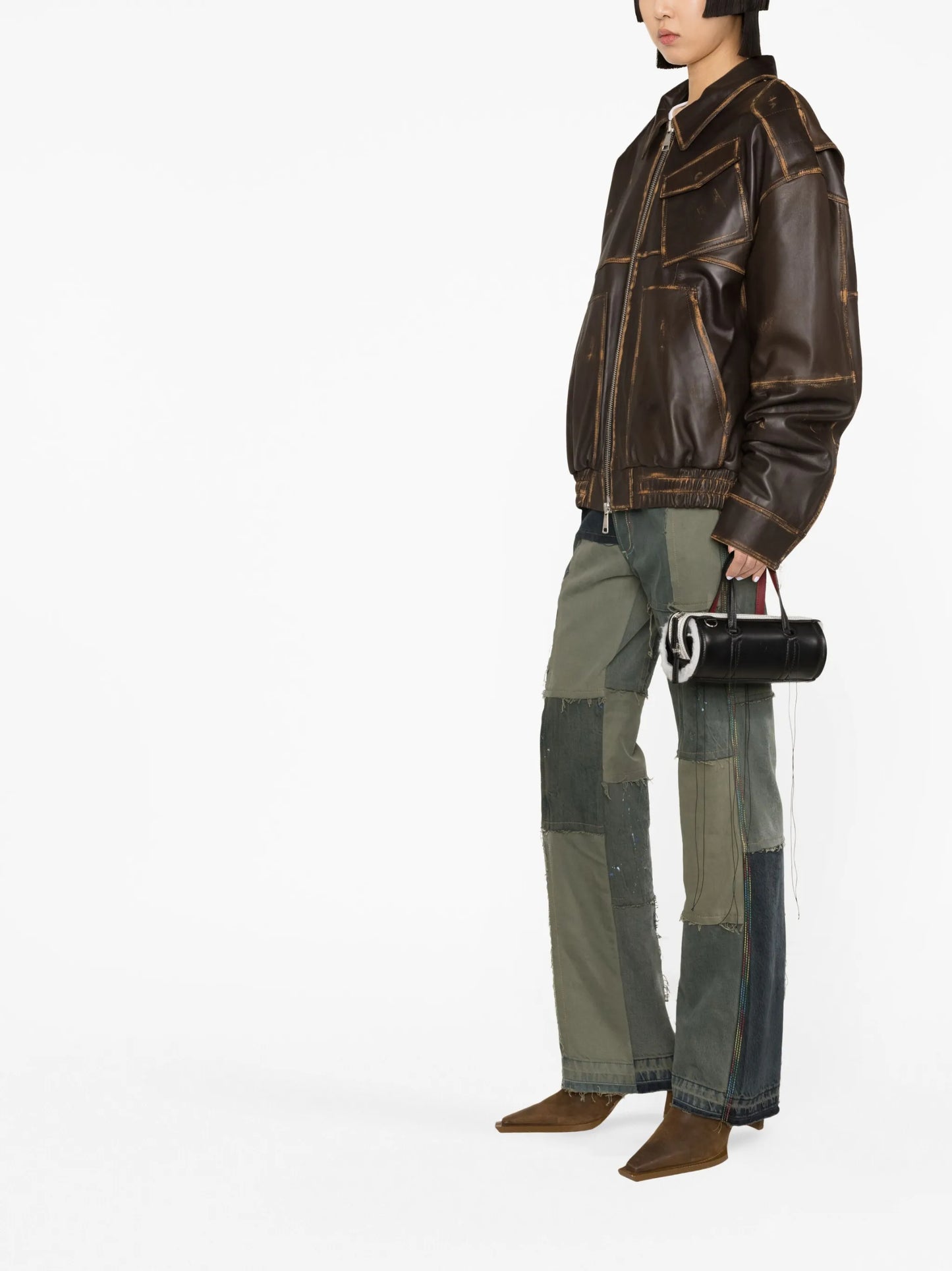 panelled leather bomber jacket