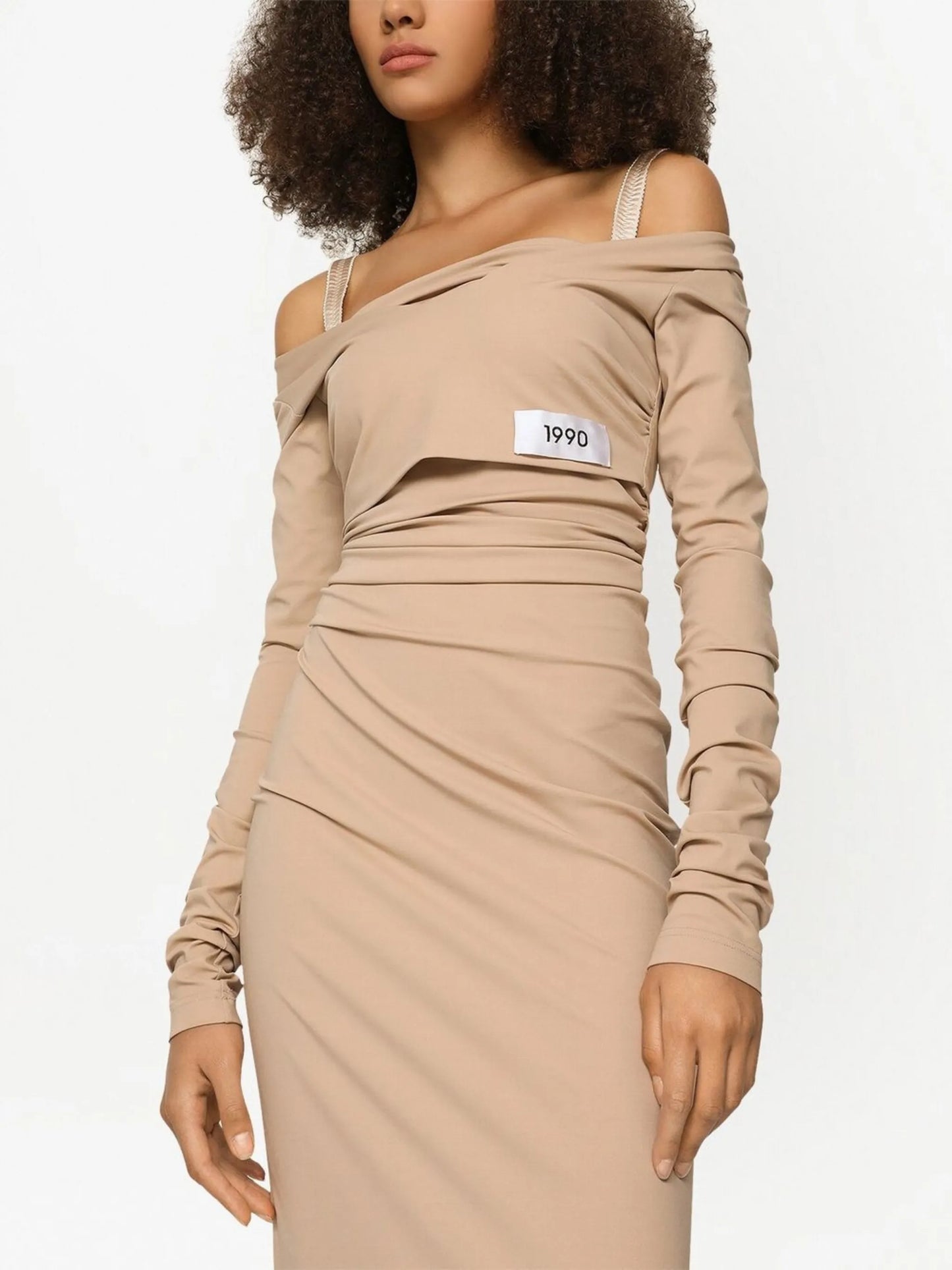 KIM DOLCE&GABBANA number patch off-shoulder dress
