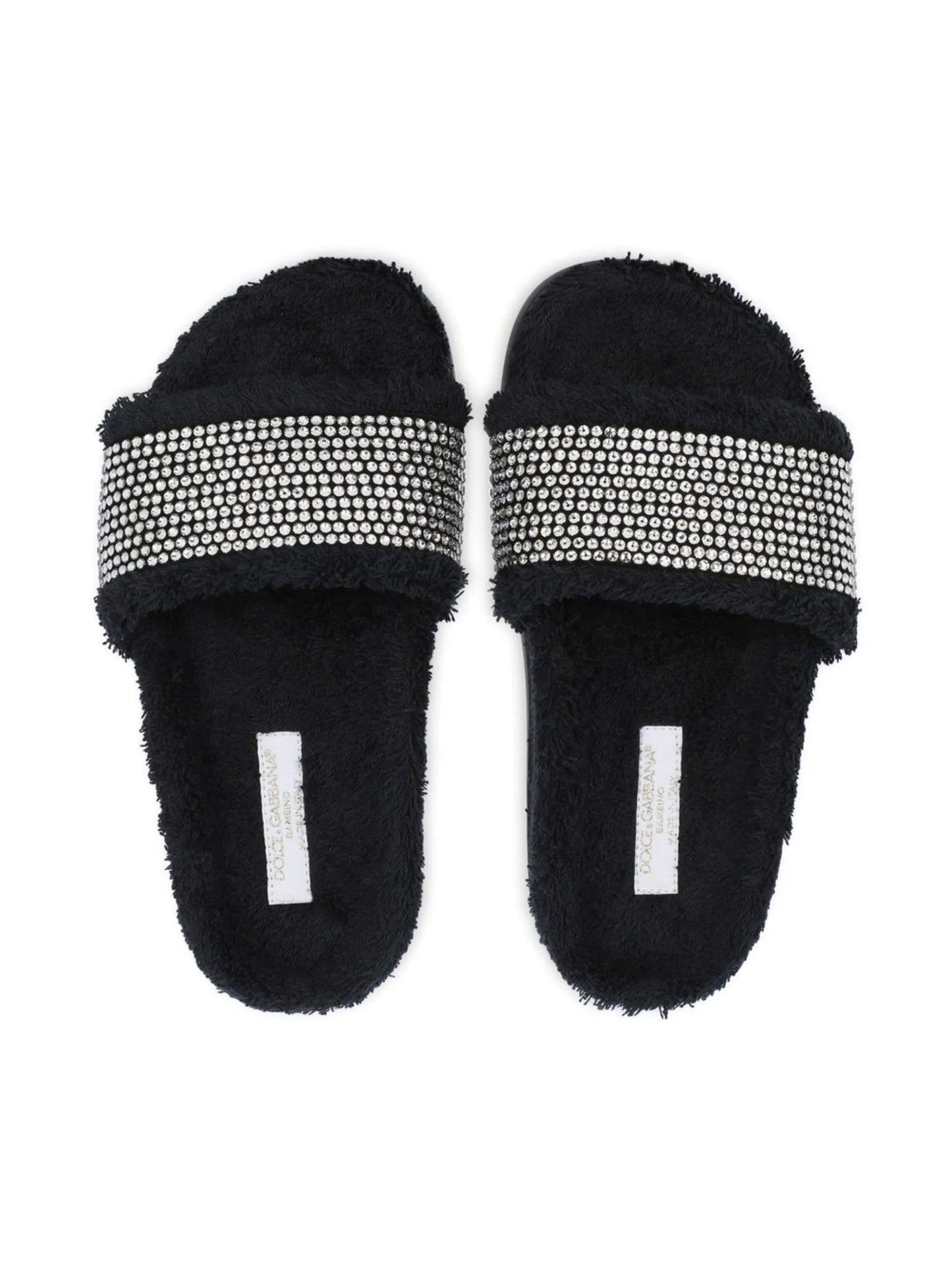rhinestone-embellished terrycloth slides
