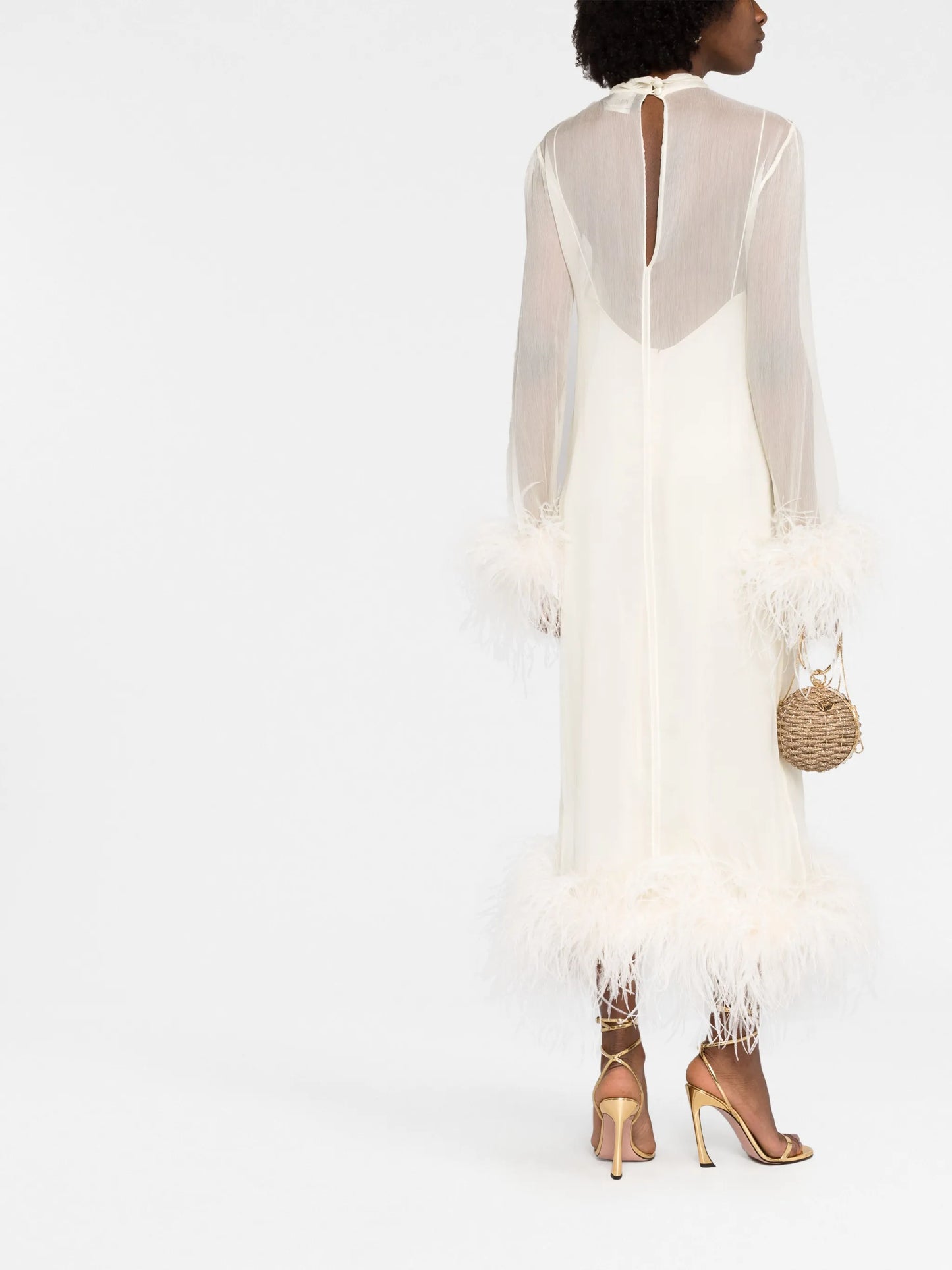 feather-trim long-sleeve dress