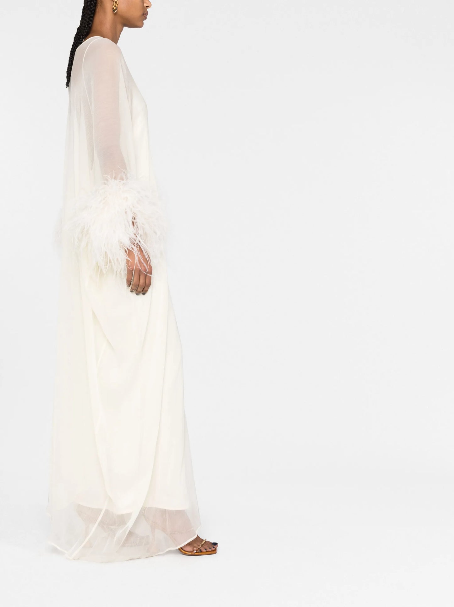 feather-trim semi-sheer dress