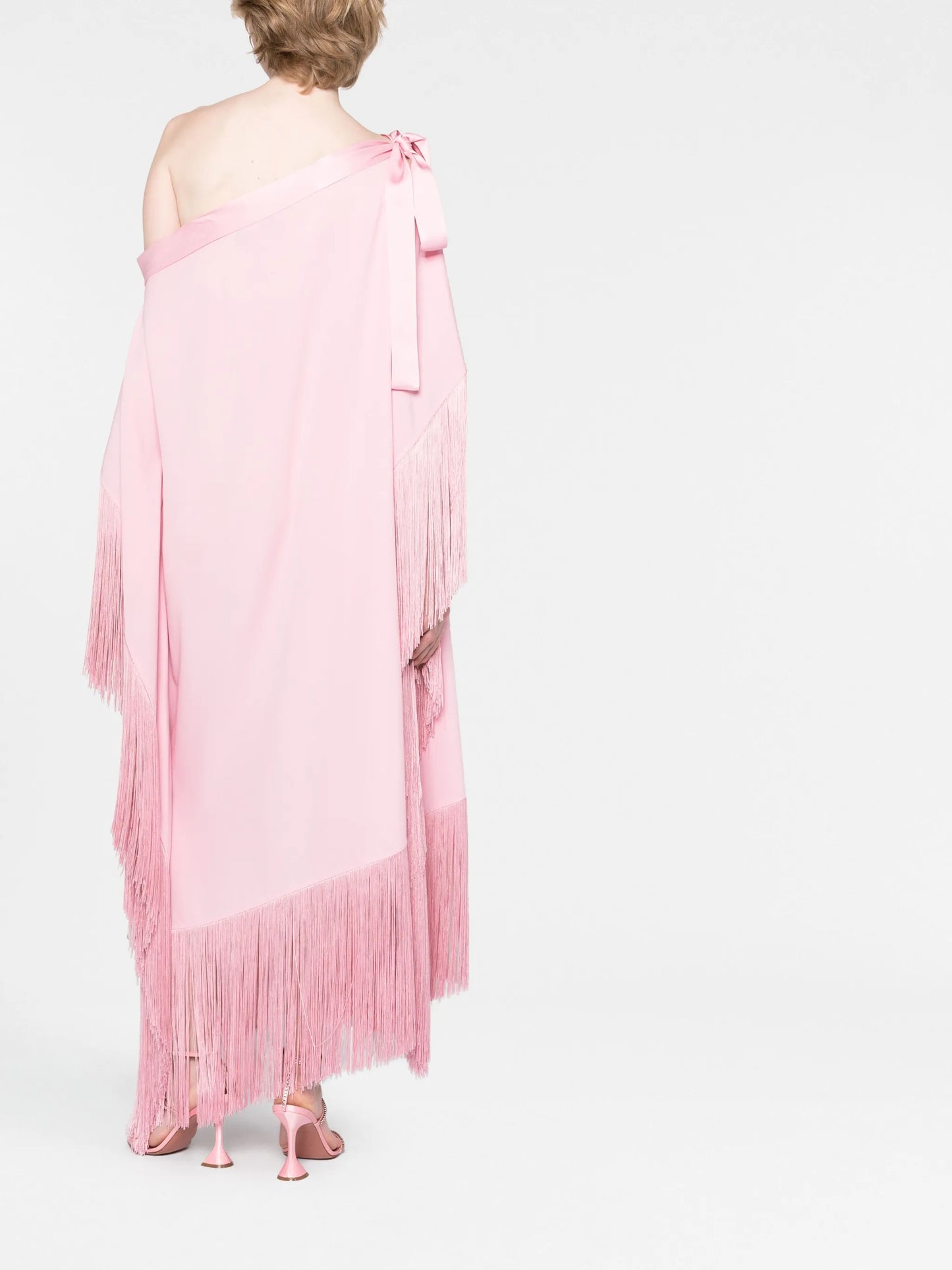 Aarons one-shoulder fringed gown