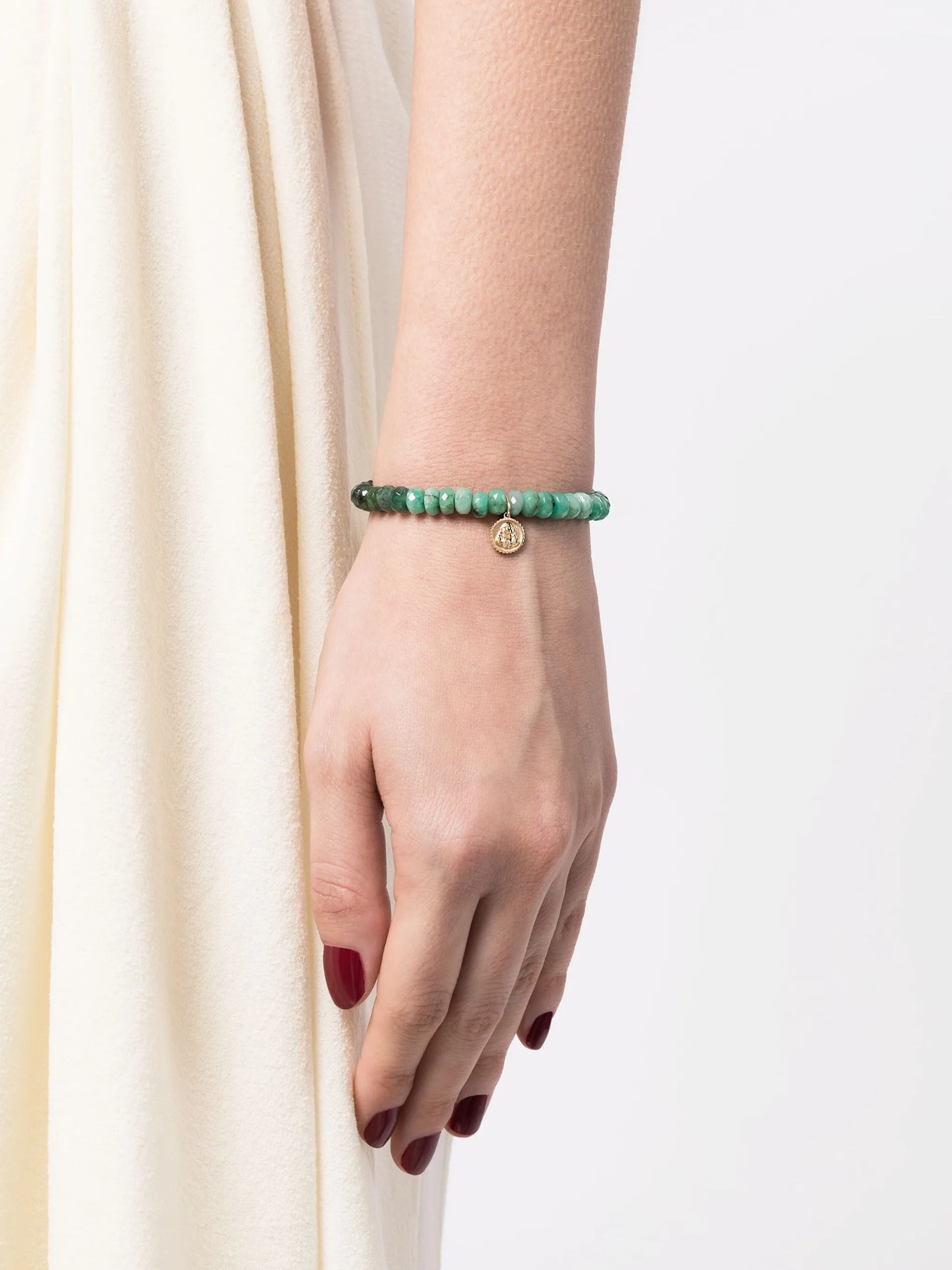 14kt yellow gold Buddha Coin emerald beaded bracelet
