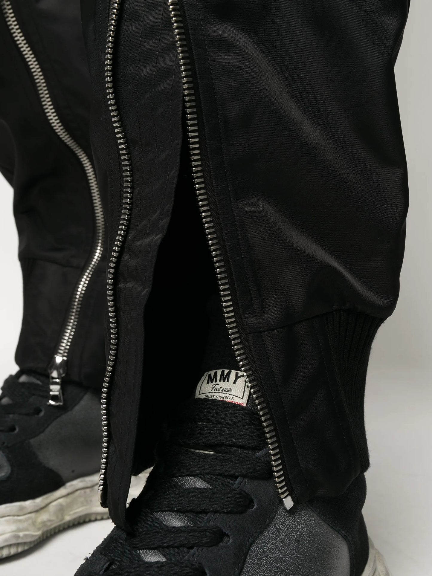 zip-detailing satin trousers