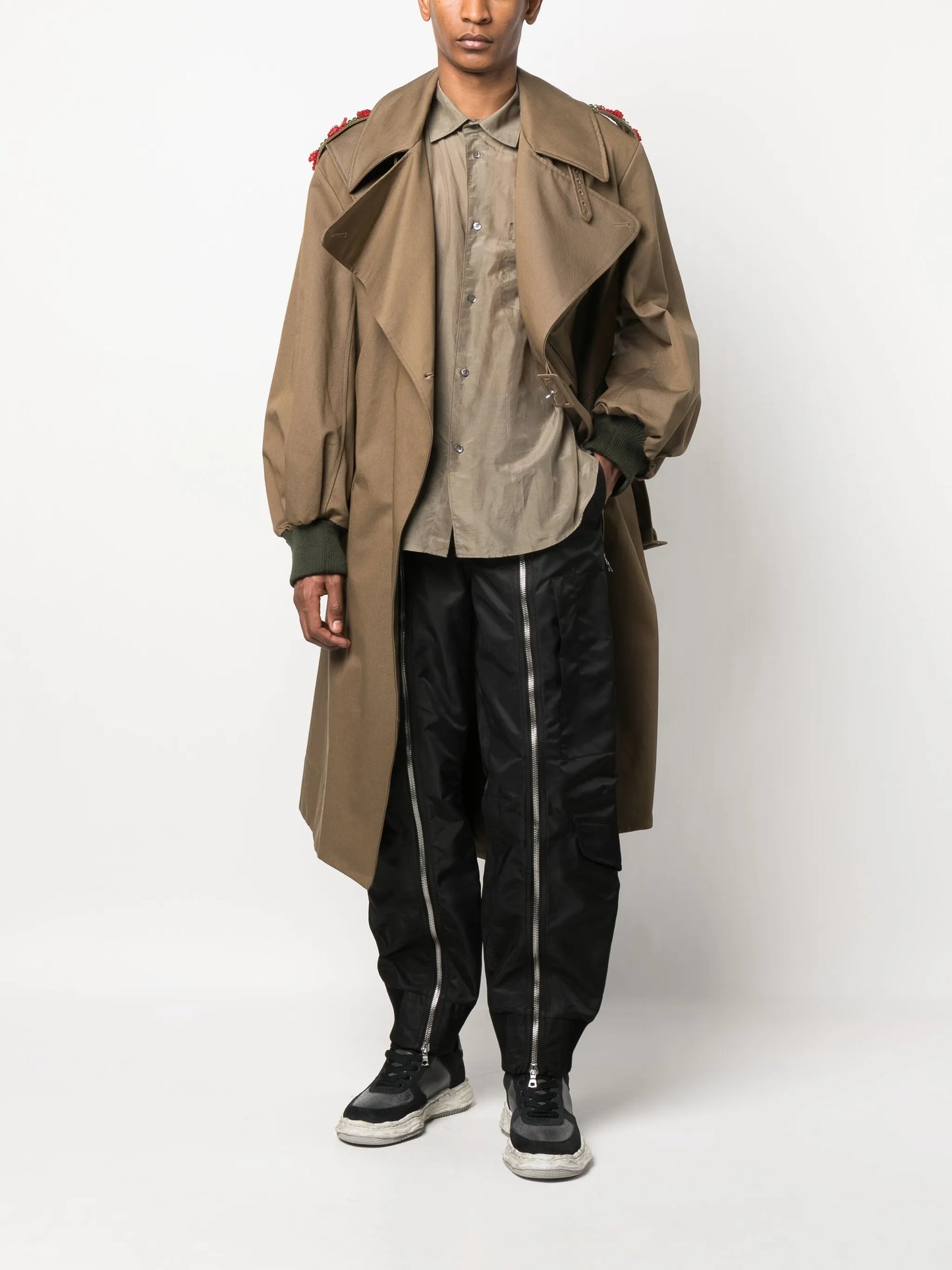 zip-detailing satin trousers