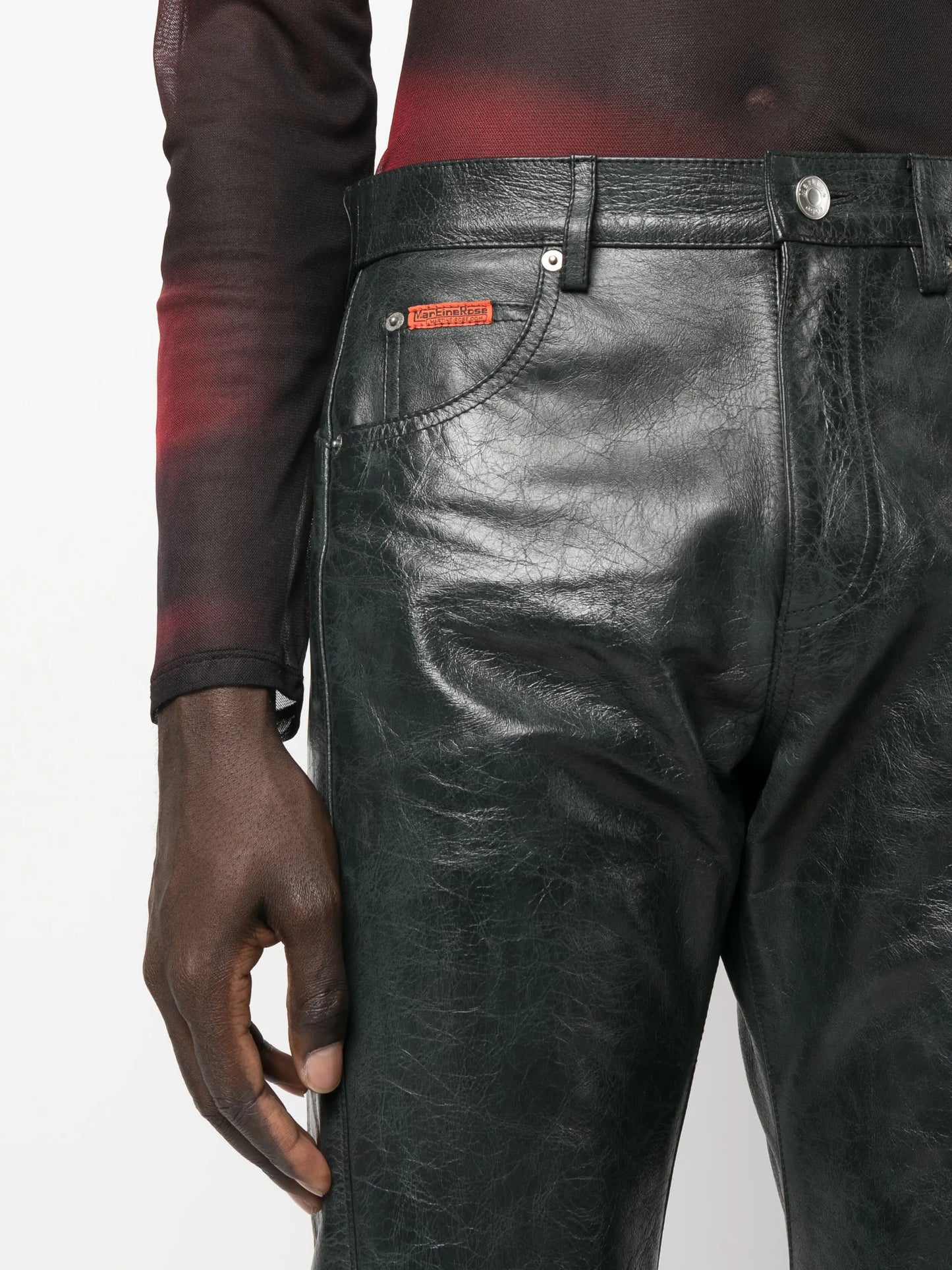polished-finish straight-leg trousers