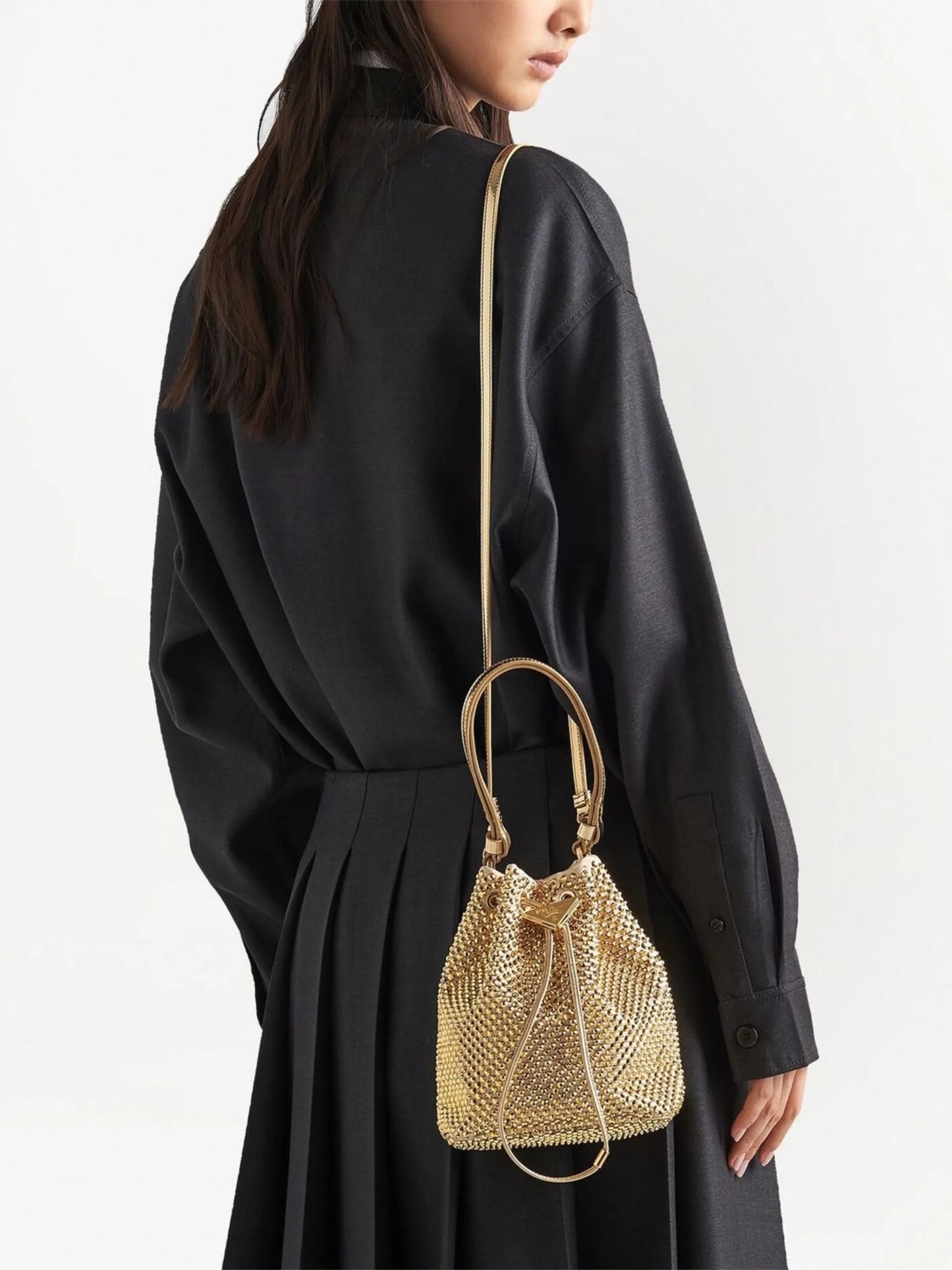 crystal-embellished drawstring bucket bag