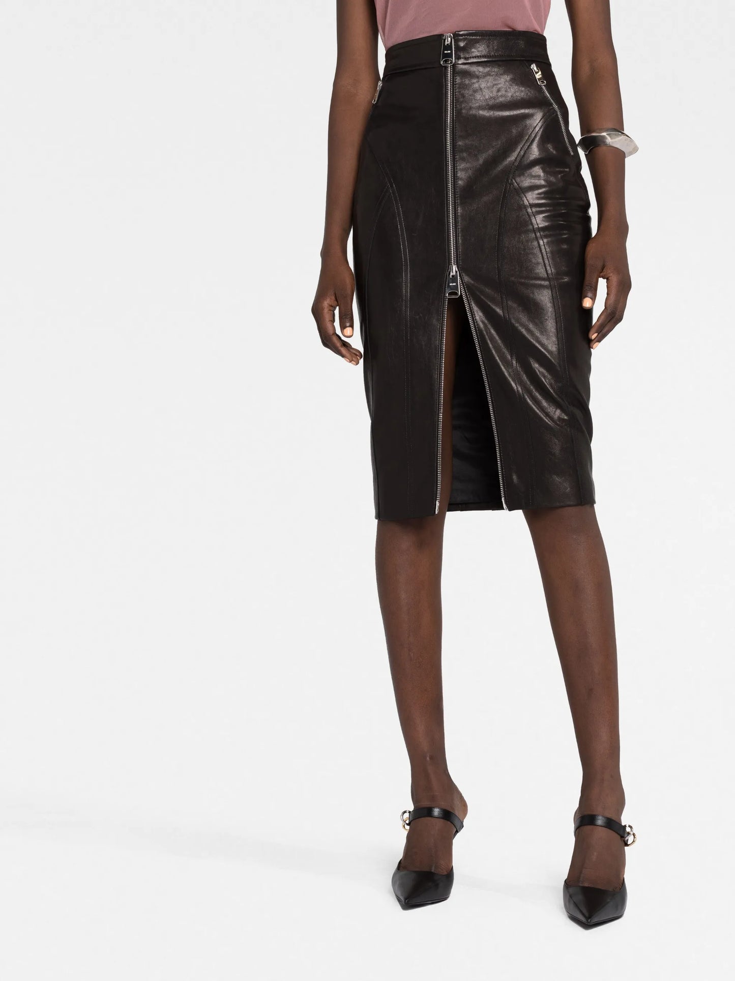 Quincy zip-up leather midi skirt