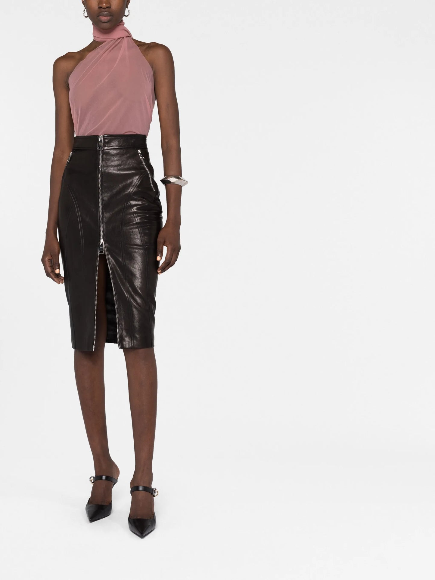 Quincy zip-up leather midi skirt