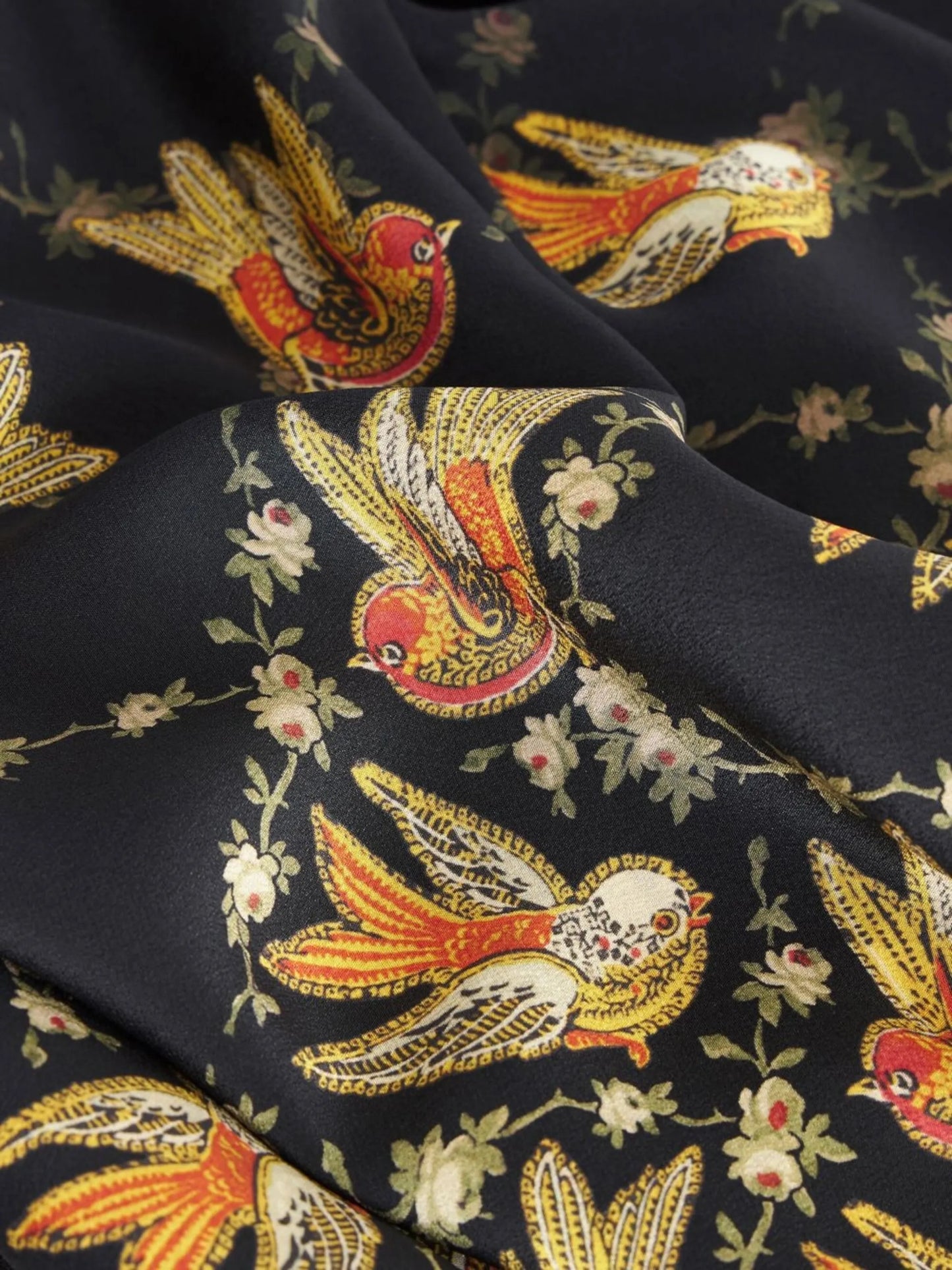 bird-print silk blouse